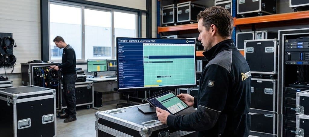 Magazijn van een AV-bedrijf waar materiaal wordt klaargezet voor transport, draaiend op Backemp
