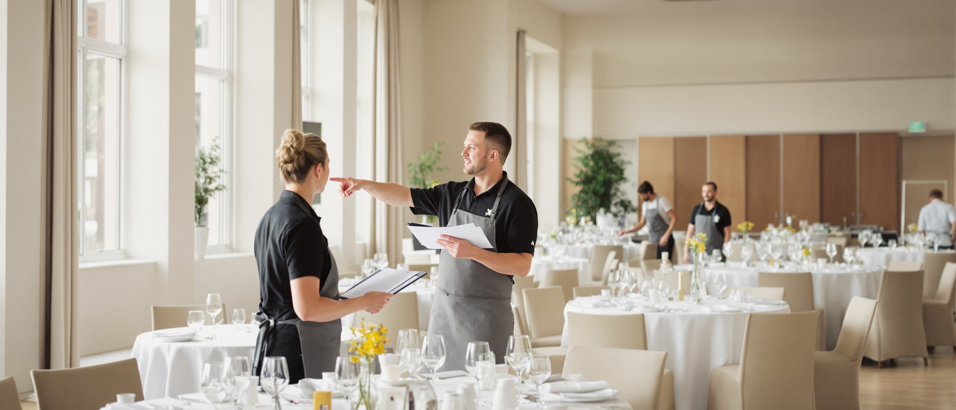 Een floormanager in zwart poloshirt wijst met een papieren draaiboek in de hand door een lichte feestzaal terwijl twee horecamedewerkers meeluisteren en op de achtergrond tafels worden gedekt