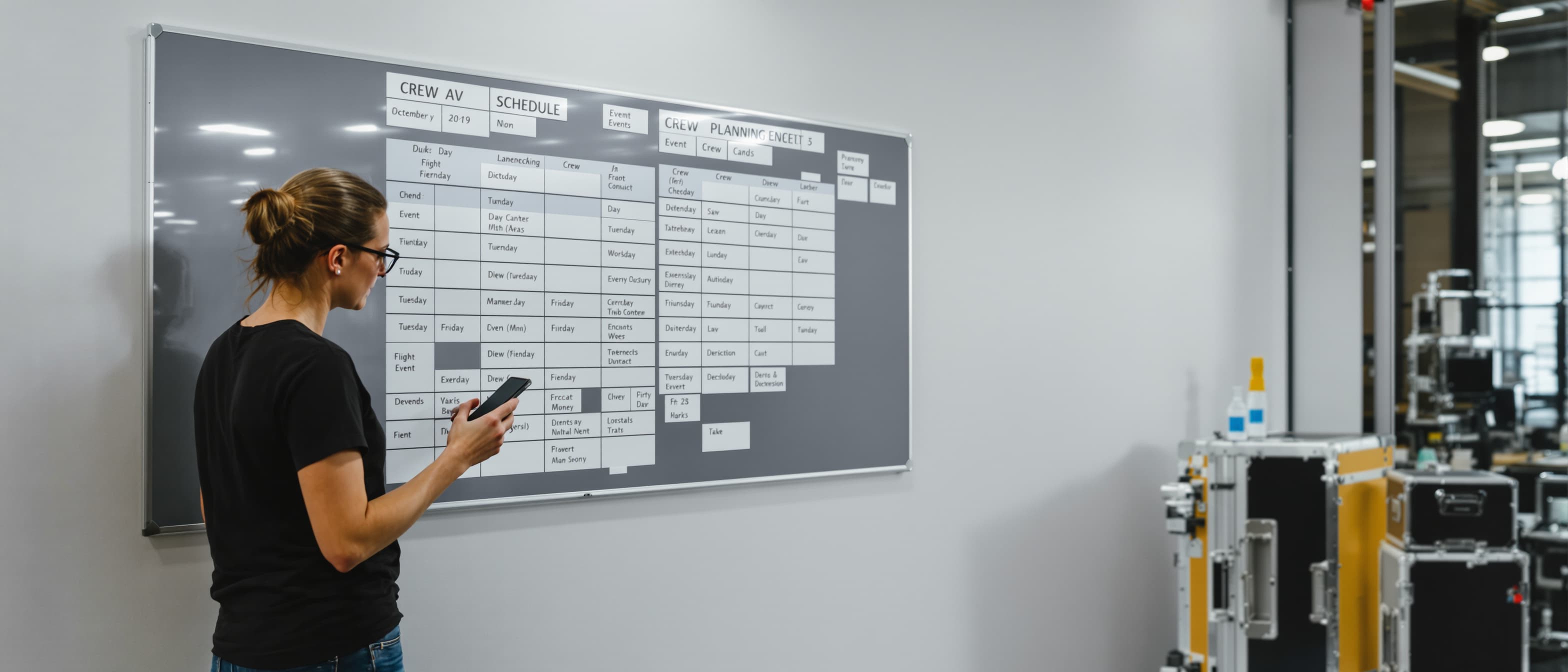 Een AV-planner bekijkt twee planningsborden met crewschema's voor overlappende projecten, telefoon in de hand, flightcases zichtbaar op de achtergrond