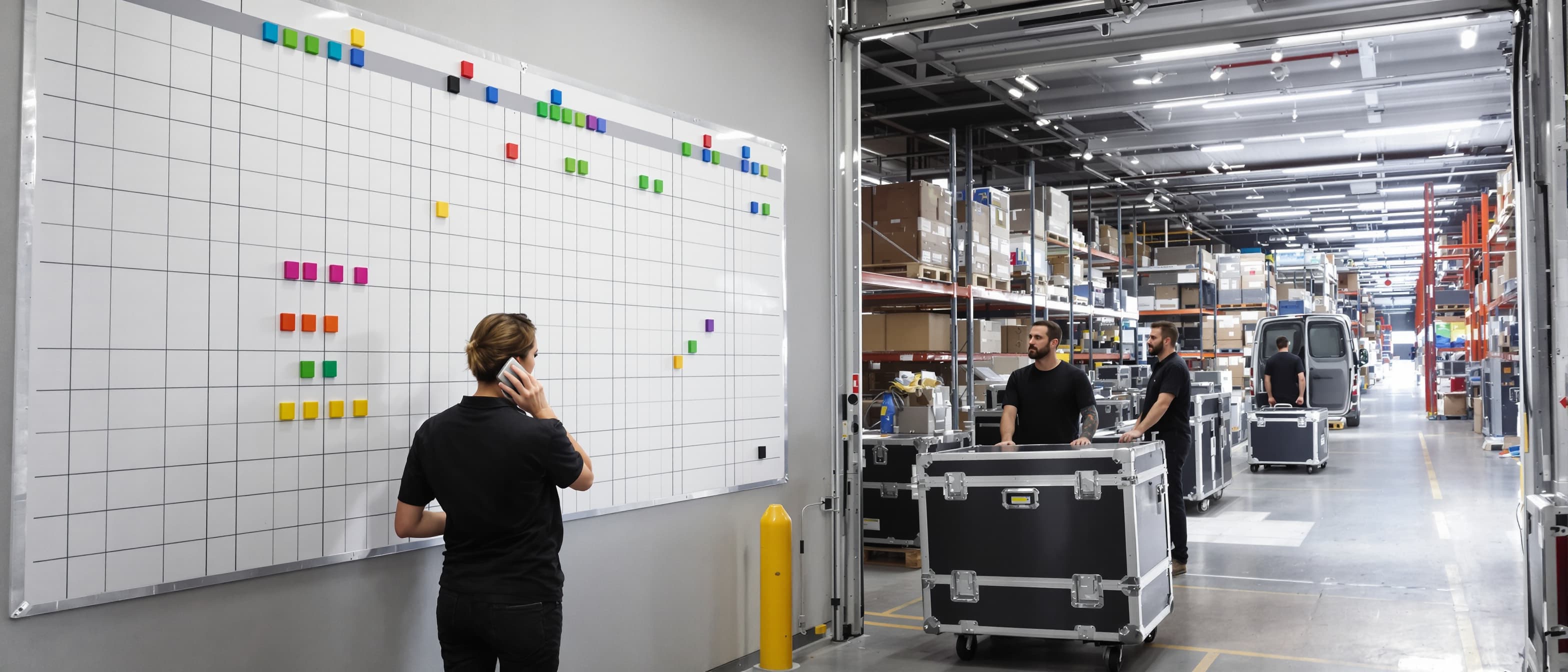 Een planner belt met de telefoon aan haar oor bij een groot planbord met gekleurde magneetjes, terwijl achter haar twee AV-medewerkers flightcases op rolplateaus door het magazijn terugrijden
