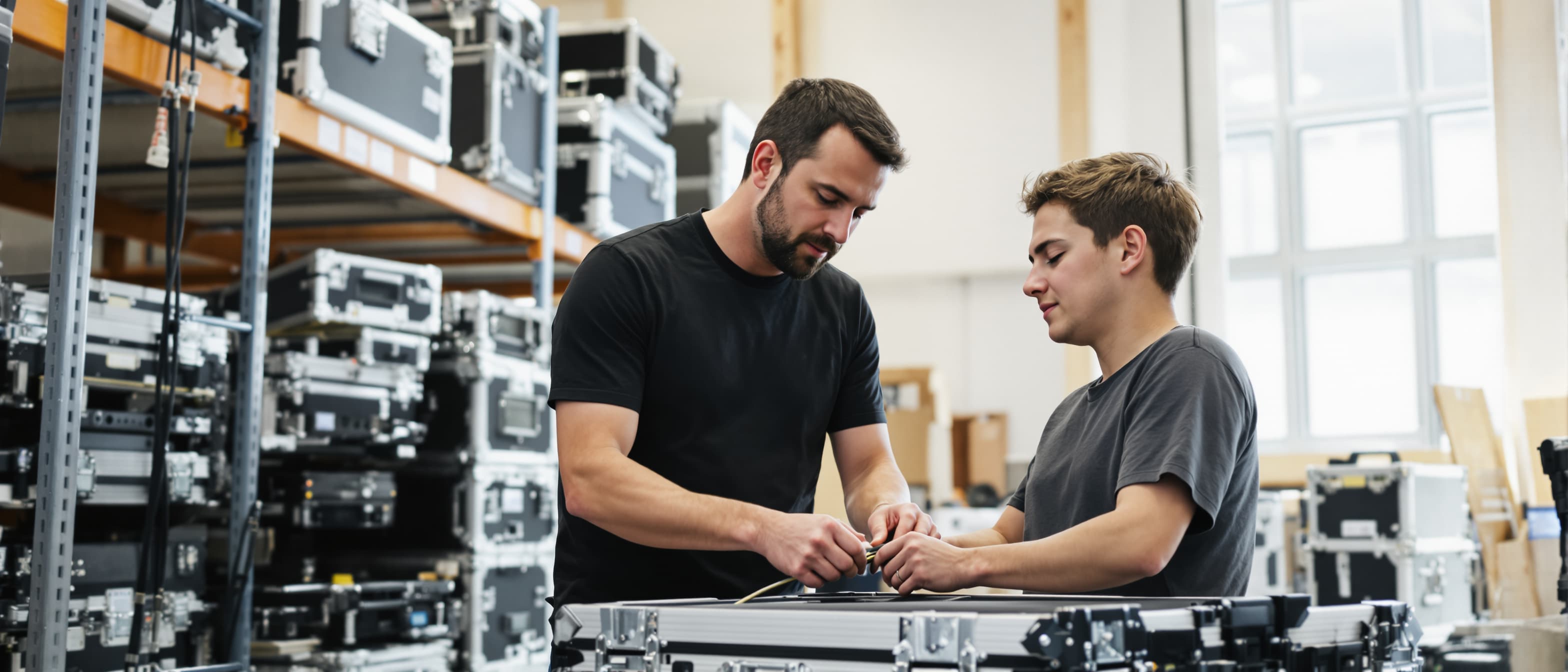 Een ervaren AV-medewerker en een jonge nieuwe collega bereiden samen een flightcase voor in een licht AV-magazijn met stellingen vol kisten