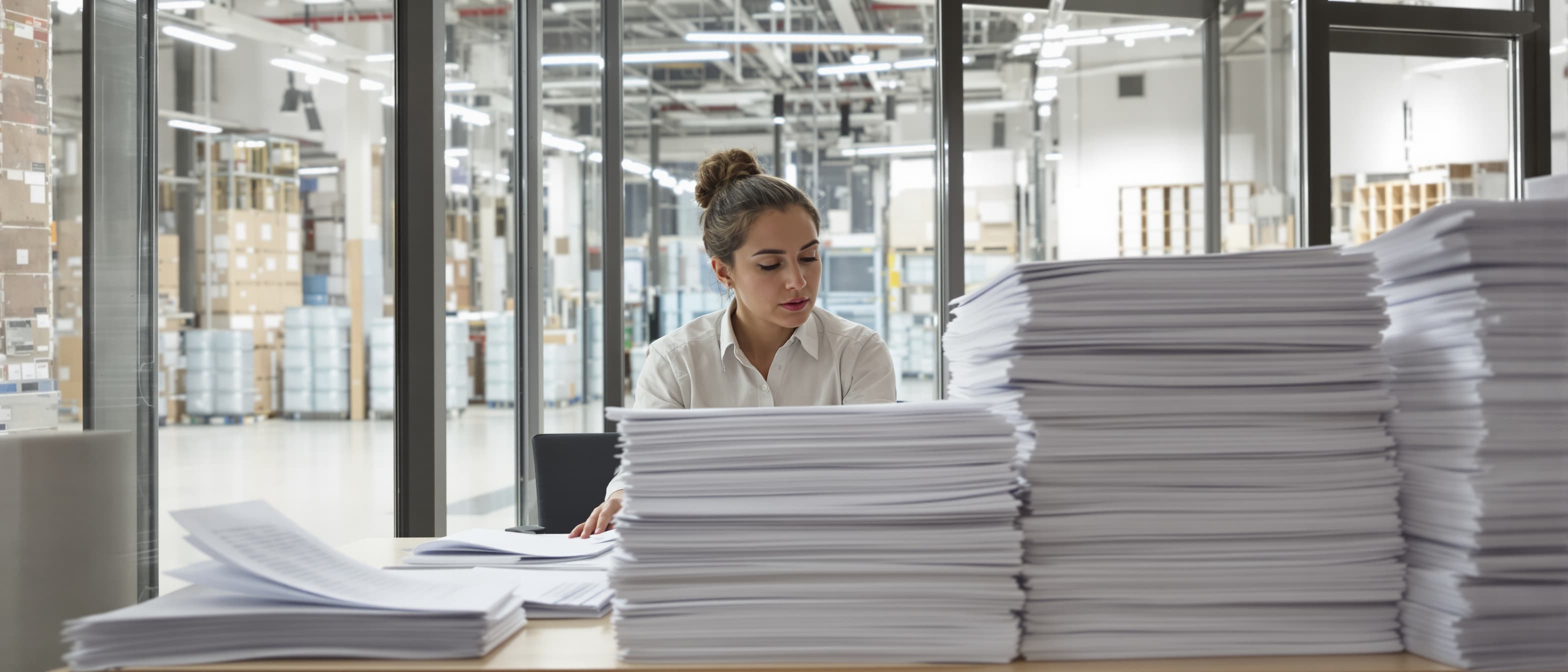 Medewerkster achter hoge stapels facturen en papierwerk in een magazijnkantoor