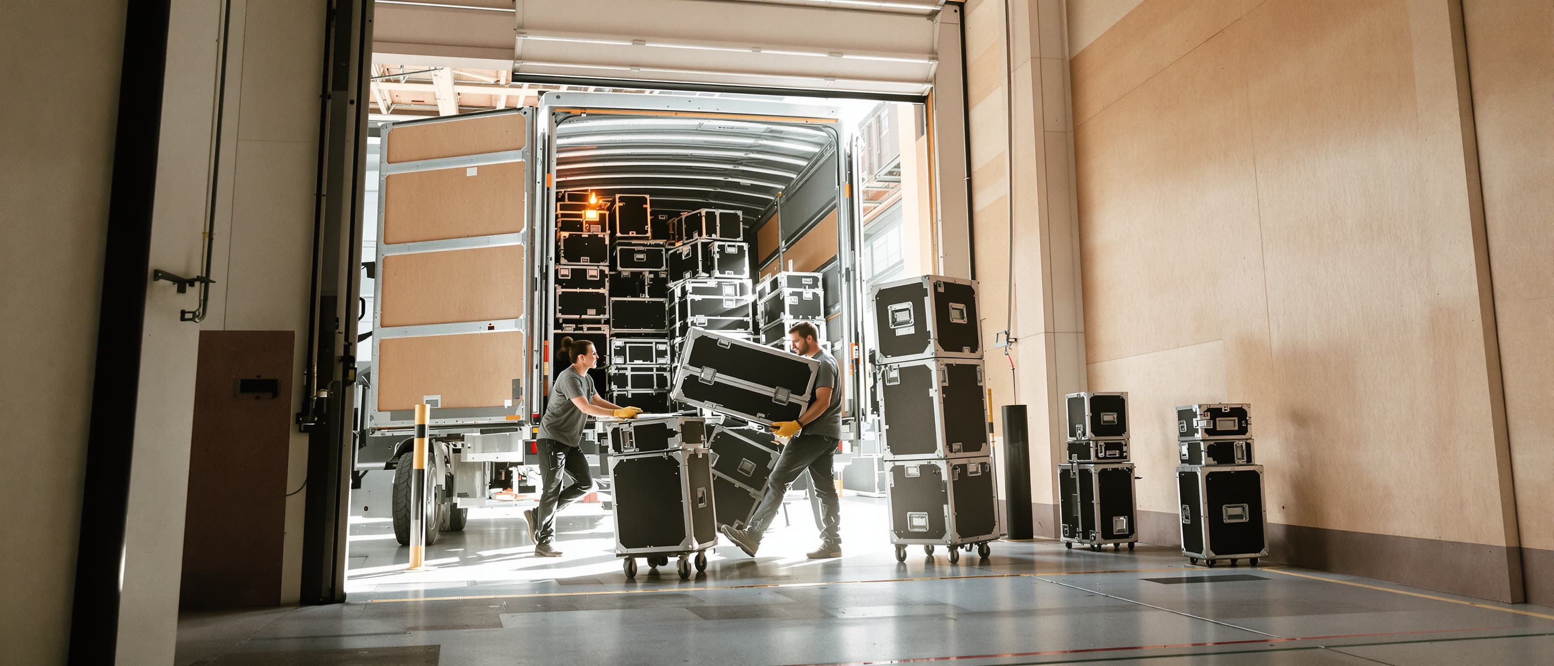 Twee AV-medewerkers laden zwarte flightcases op rolplateaus in een vrachtwagen bij de laaddock van een licht magazijn, terwijl er gestapelde kisten klaarstaan