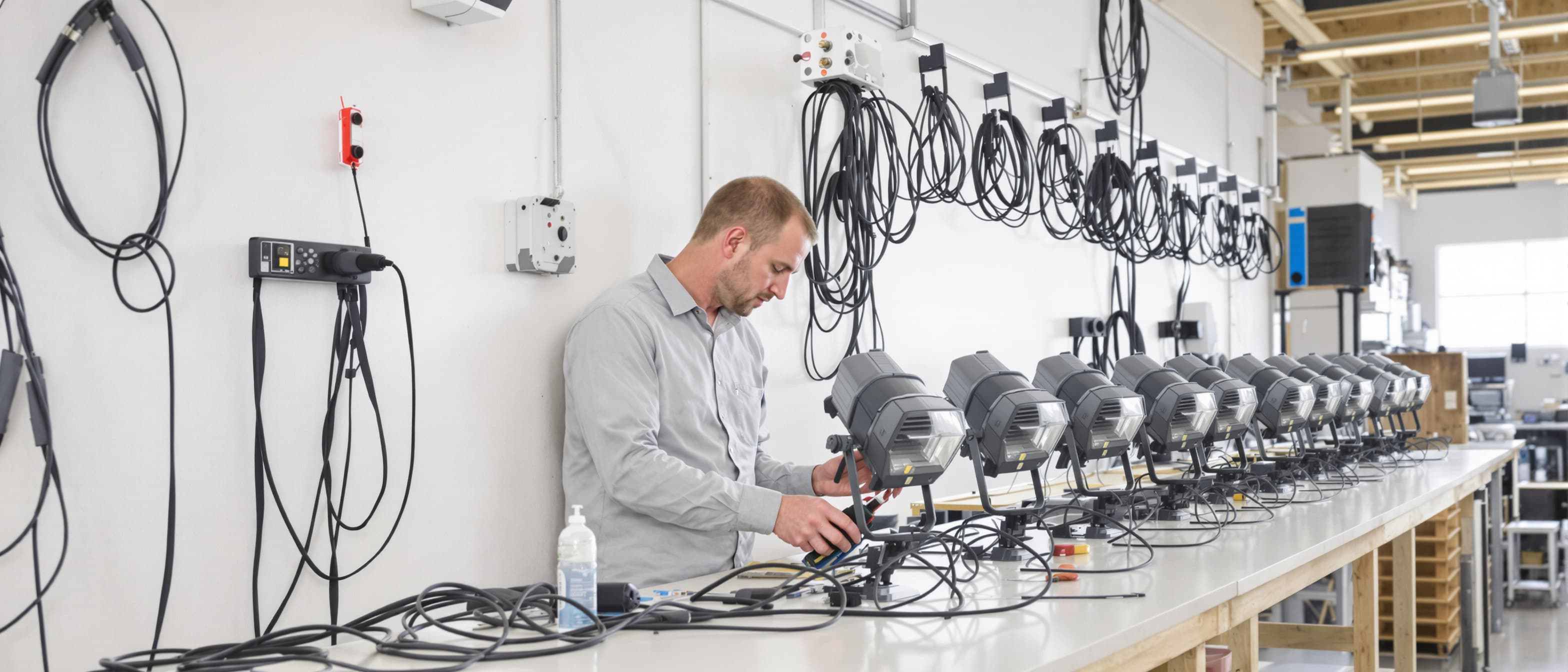 Technicus werkt aan een lichte werkbank een rij podiumarmaturen af, met opgerolde kabels aan de wand ernaast