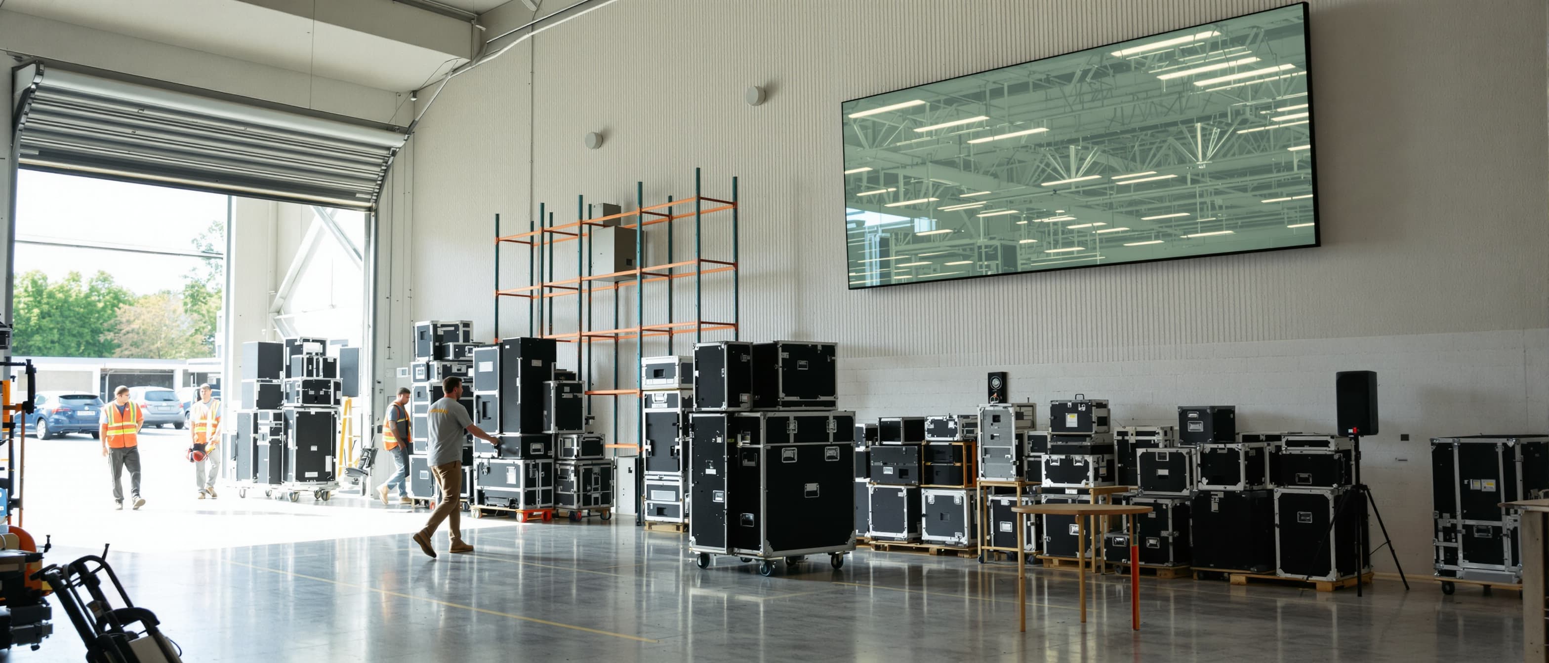 Crew van een AV-magazijn rijdt karren met flightcases naar de open laaddeur, met een groot scherm hoog aan de wand op de achtergrond