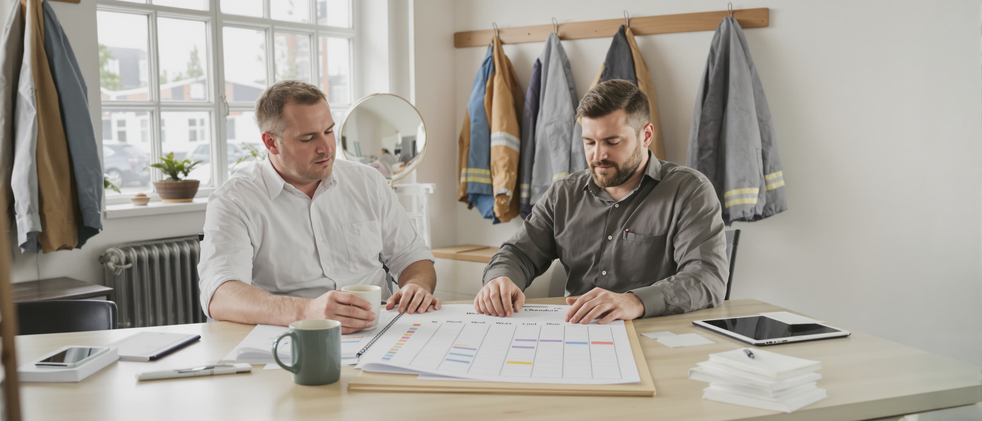 Crewchef en planner van een AV-bedrijf nemen rustig een uitgeprint weekrooster door aan de tafel van de crewruimte, met werkjassen aan de haken