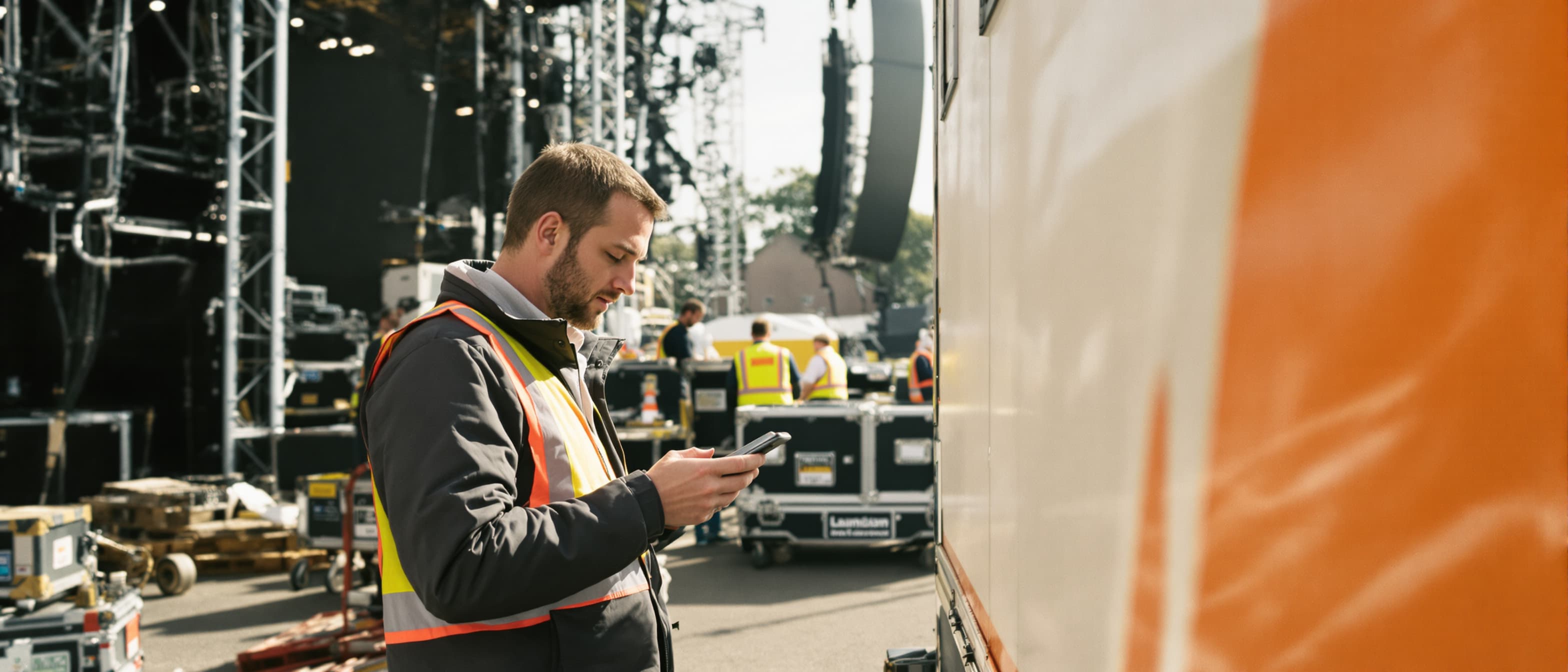 Een AV-crewplanner checkt tijdens de opbouw van een festivalpodium zijn telefoon, terwijl technici op de achtergrond flightcases en rigging aandragen