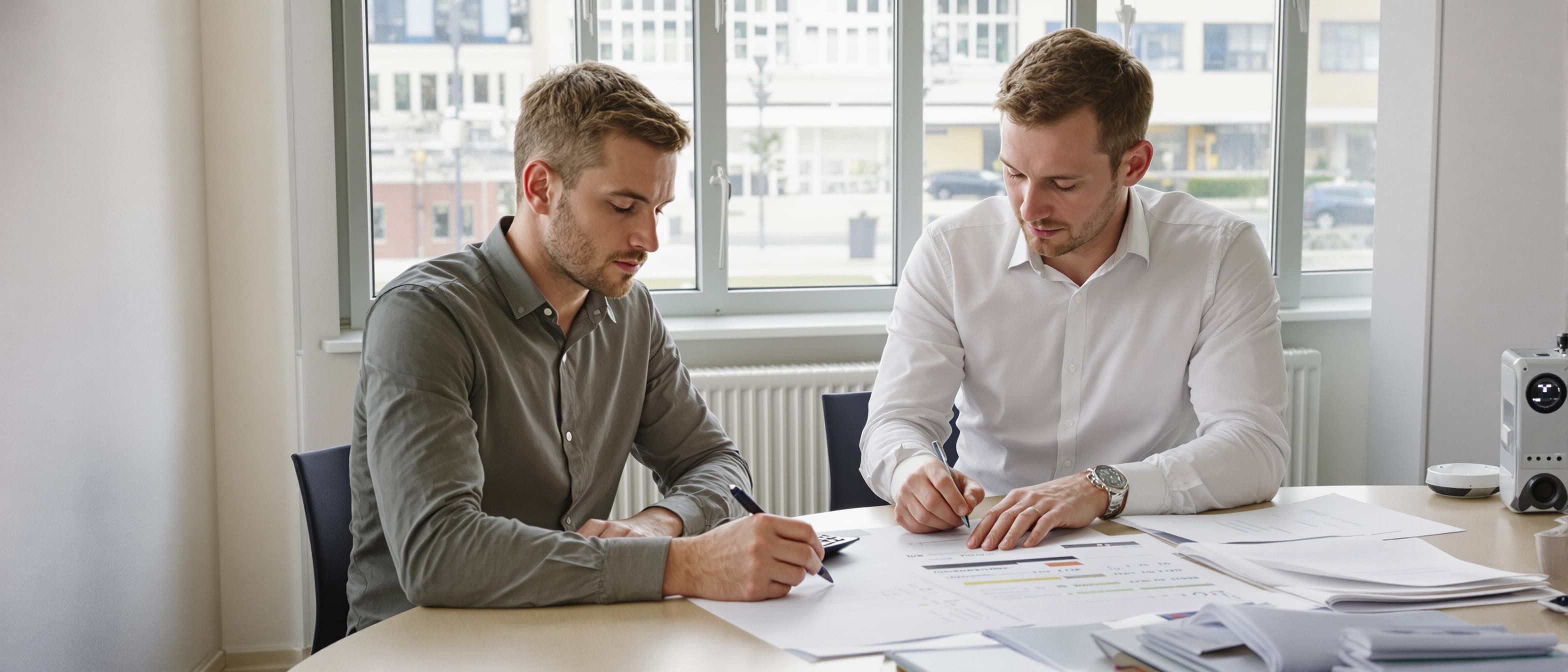 Twee collega's van een AV-bedrijf nemen aan een lichte vergadertafel uitgeprinte facturen en een kostenoverzicht door, met een rekenmachine ertussen