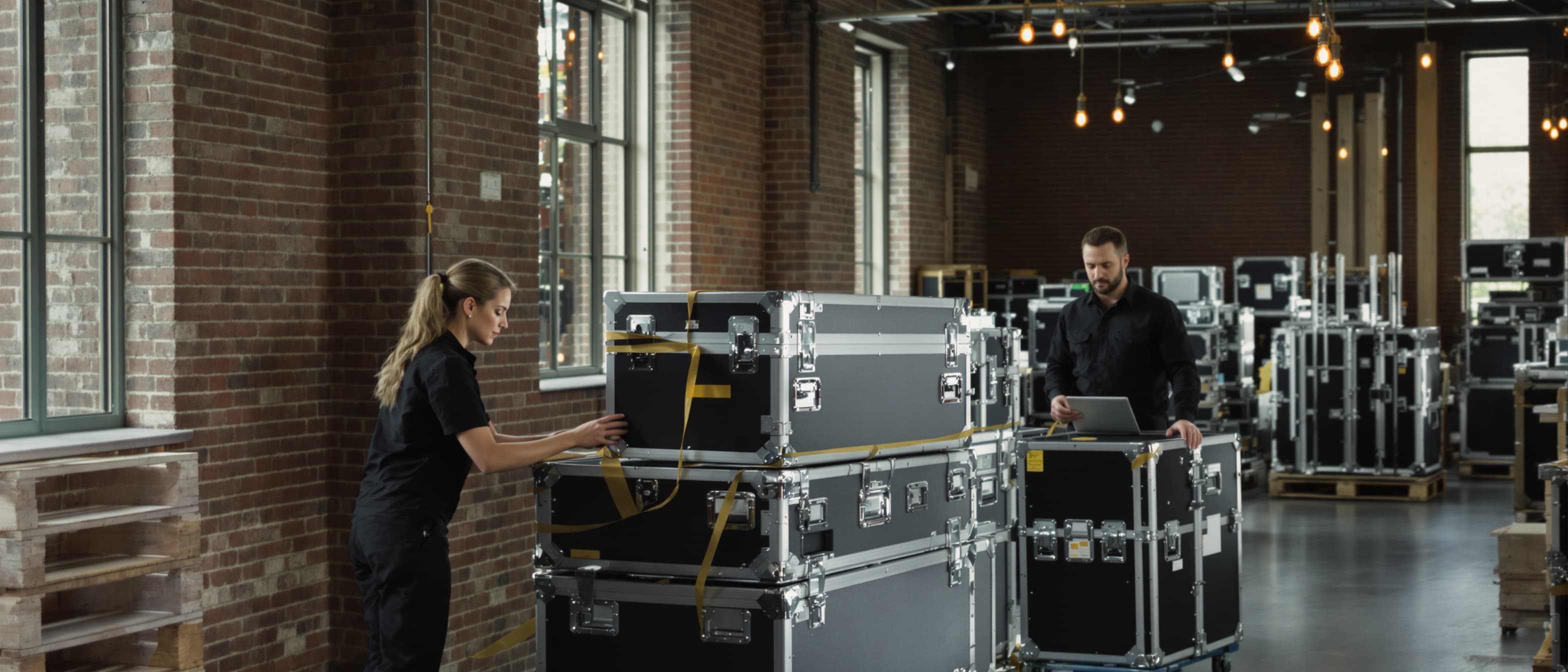 Twee AV-medewerkers zetten flightcases in een baksteenmagazijn apart met gele tape, terwijl een collega met een tablet de lading naloopt