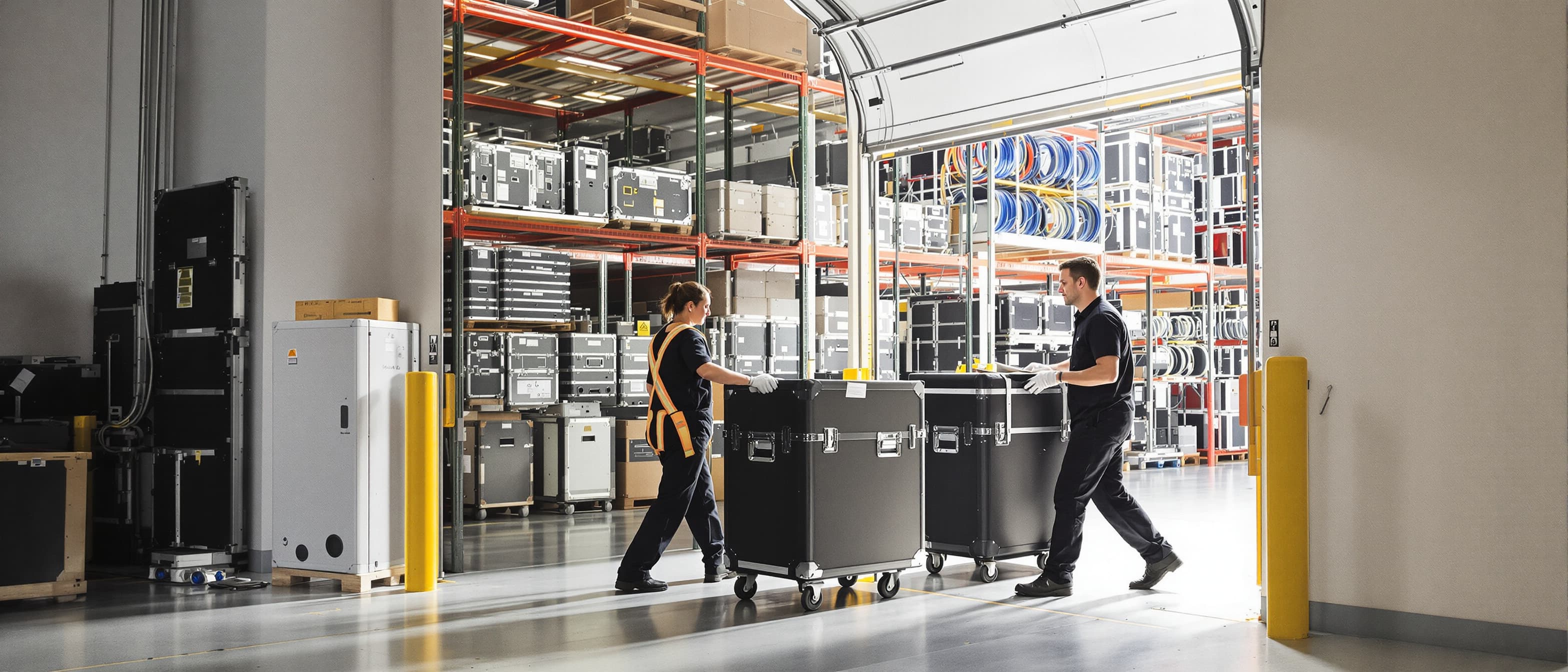 Twee AV-medewerkers rollen zwarte flightcases op trolleys door de open laaddeur van een licht AV-magazijn naar een wachtende vrachtwagen