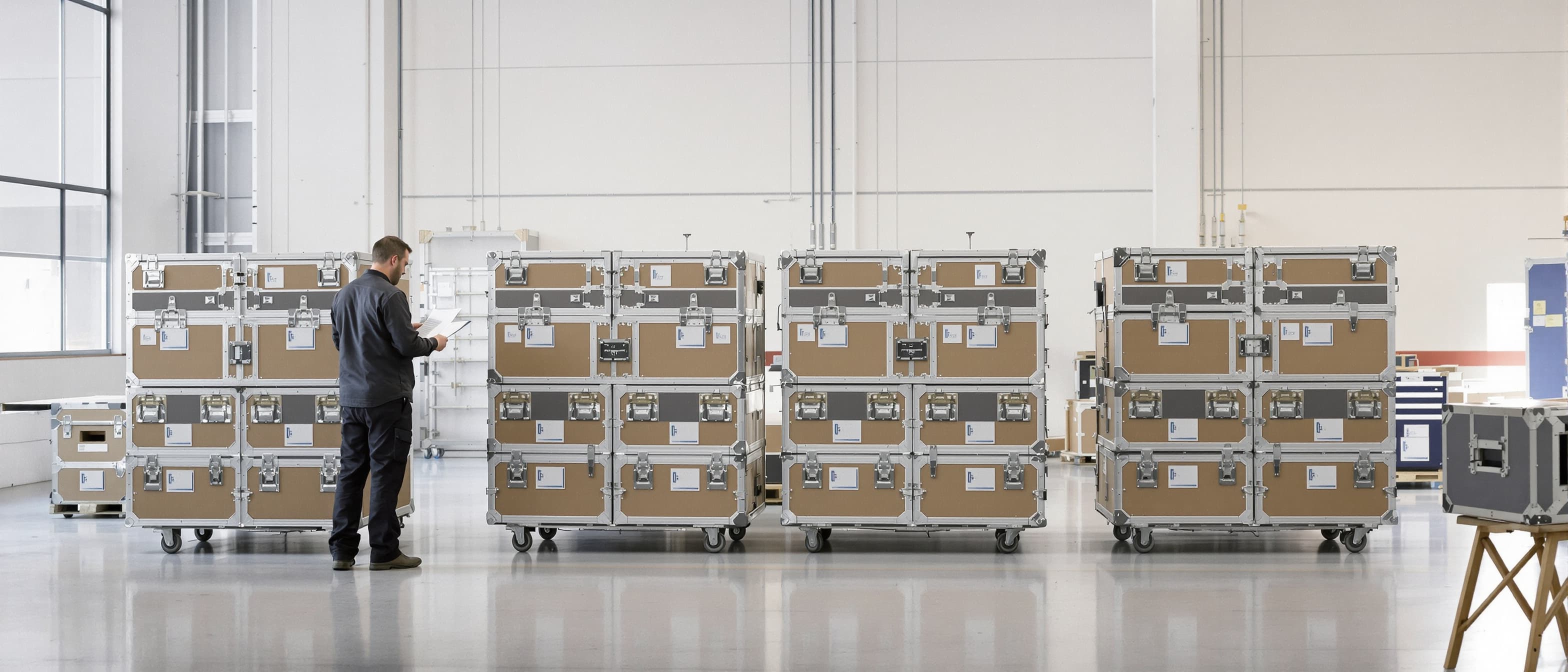 Crewchef loopt langs vier identiek ingepakte sets flightcases die naast elkaar op de magazijnvloer staan en controleert ze met dezelfde checklist