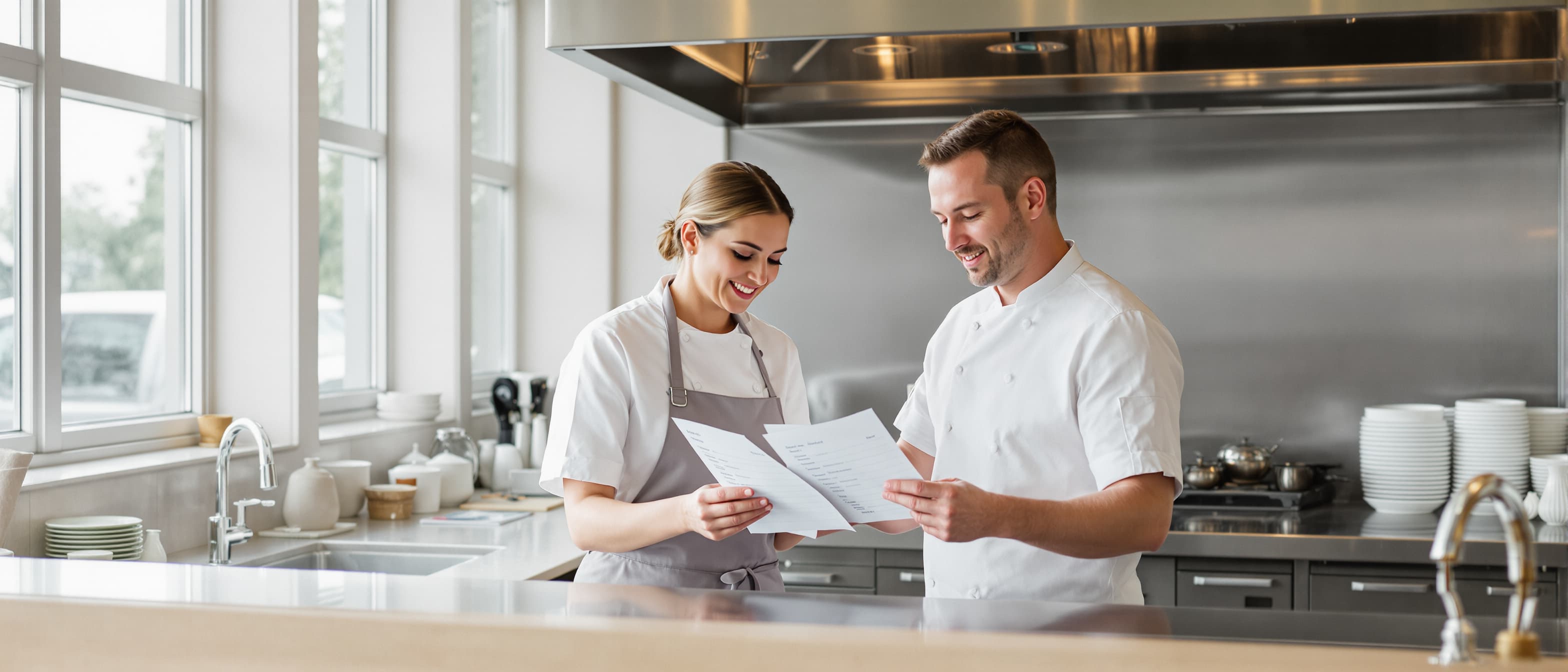Locatiemanager en kok vergelijken bij de doorgeefpas van de keuken twee verschillende uitgeprinte lijsten naast elkaar