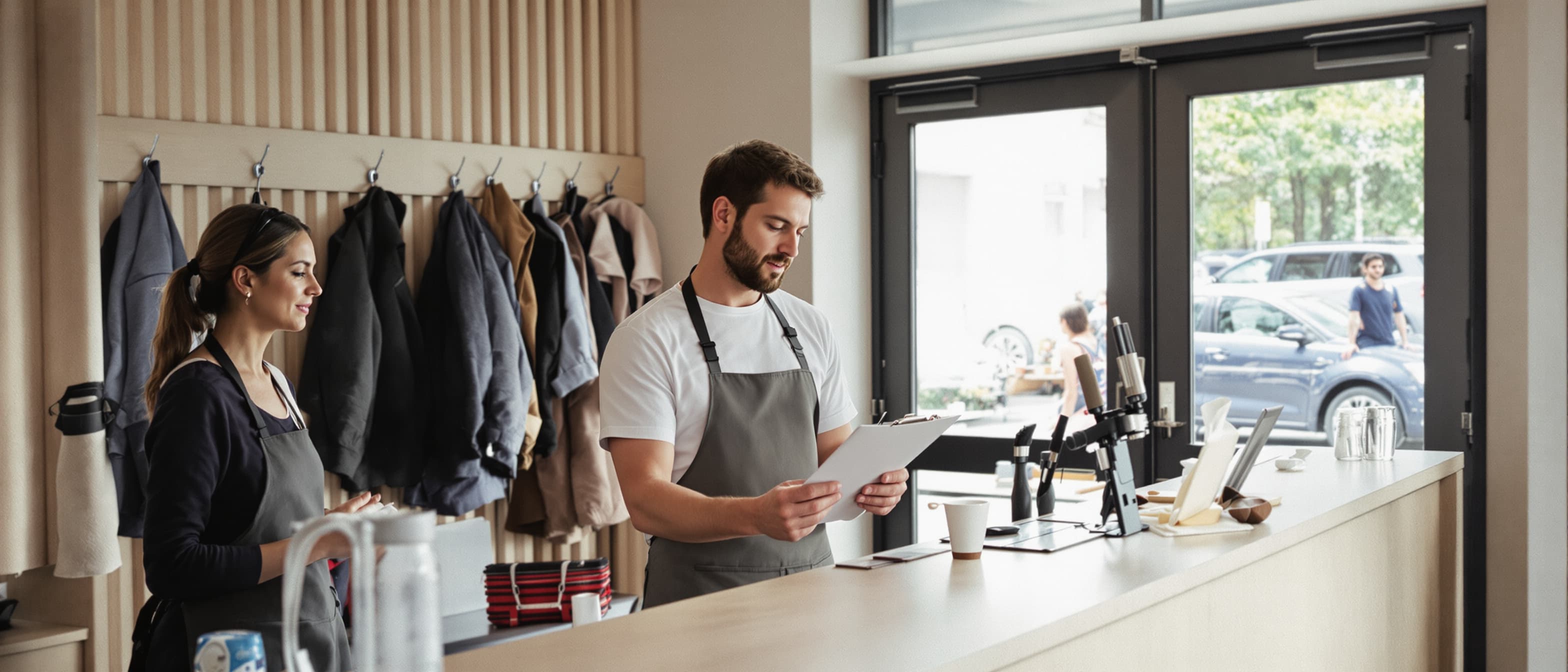 Twee medewerkers van een eventlocatie nemen na hun dienst de gewerkte uren door