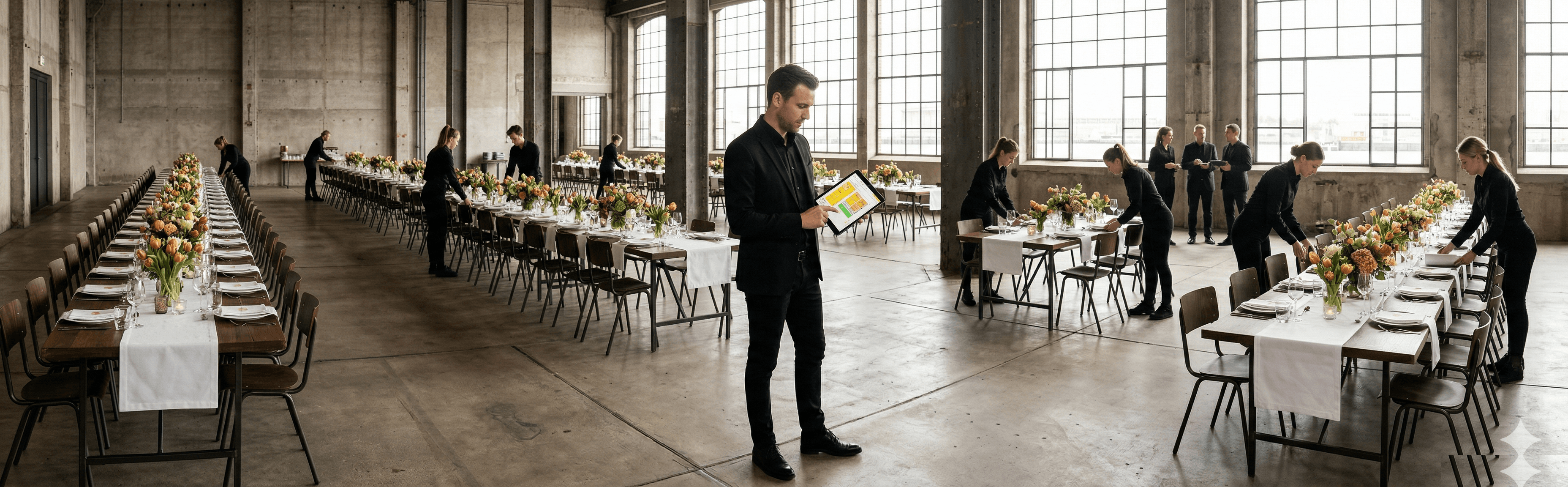 Professionele eventlocatie met live Backemp dashboards op schermen