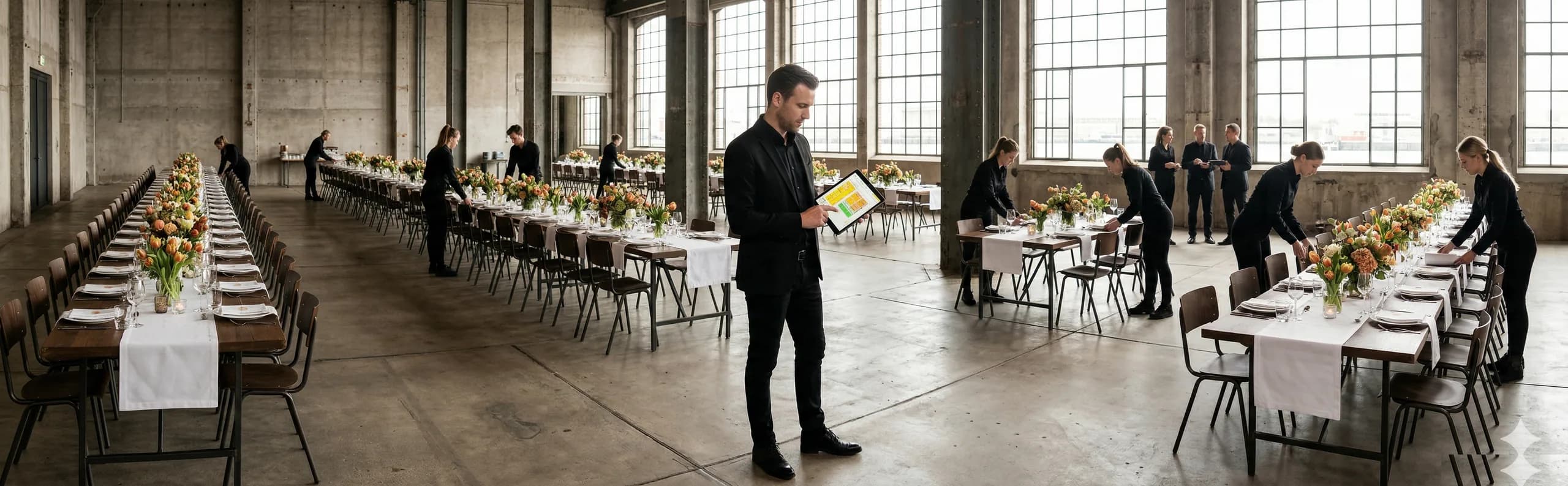 Eventmanager met tablet op de vloer terwijl het team een zaal klaarzet voor een klantevent