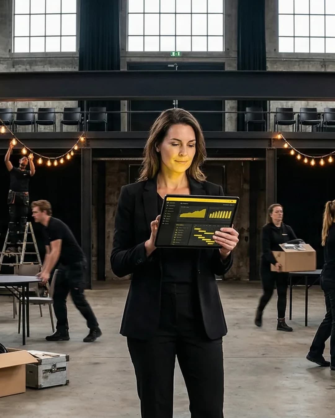Een vrouw kijkt op een tablet met een dashboard, in een industriële eventhal waar de crew tafels neerzet, lampjes ophangt en flightcases verplaatst.