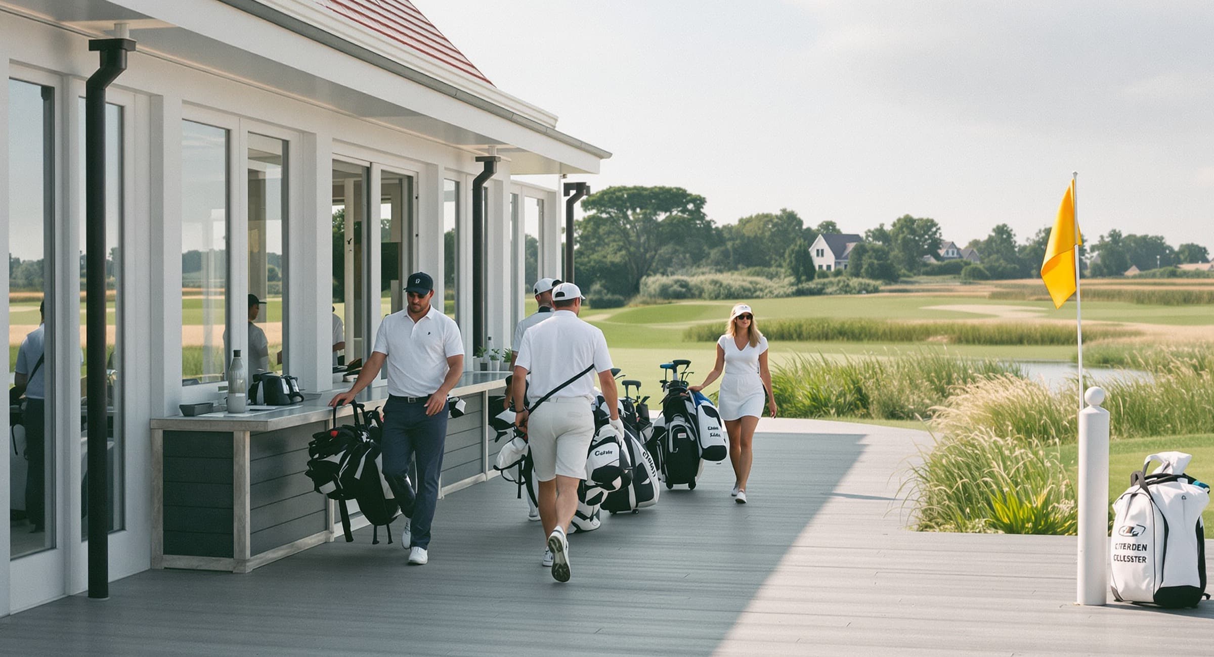 Golfers lopen met hun tas langs het clubhuisterras richting de eerste tee