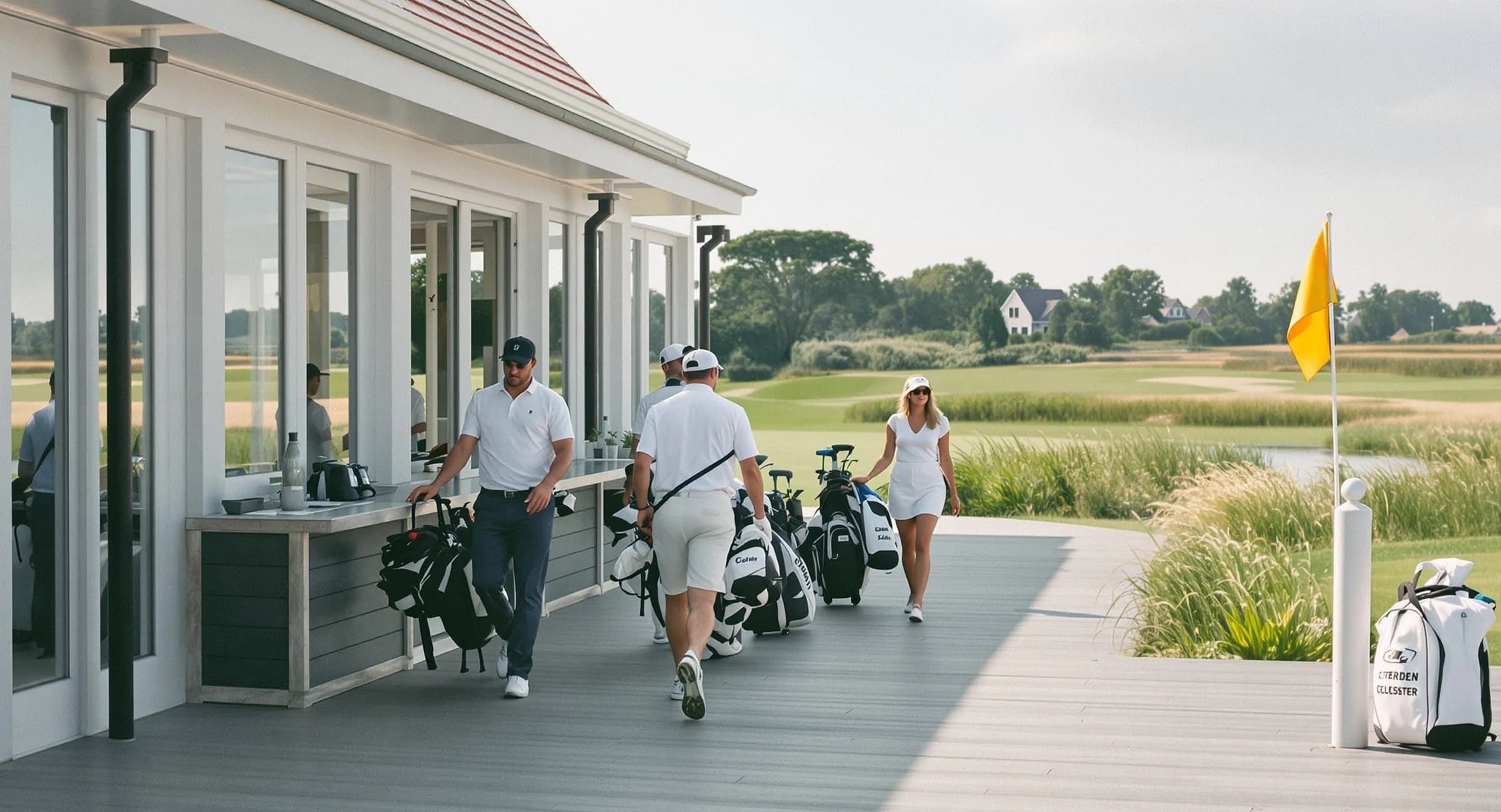 Golfers lopen met hun tas langs het clubhuisterras richting de eerste tee