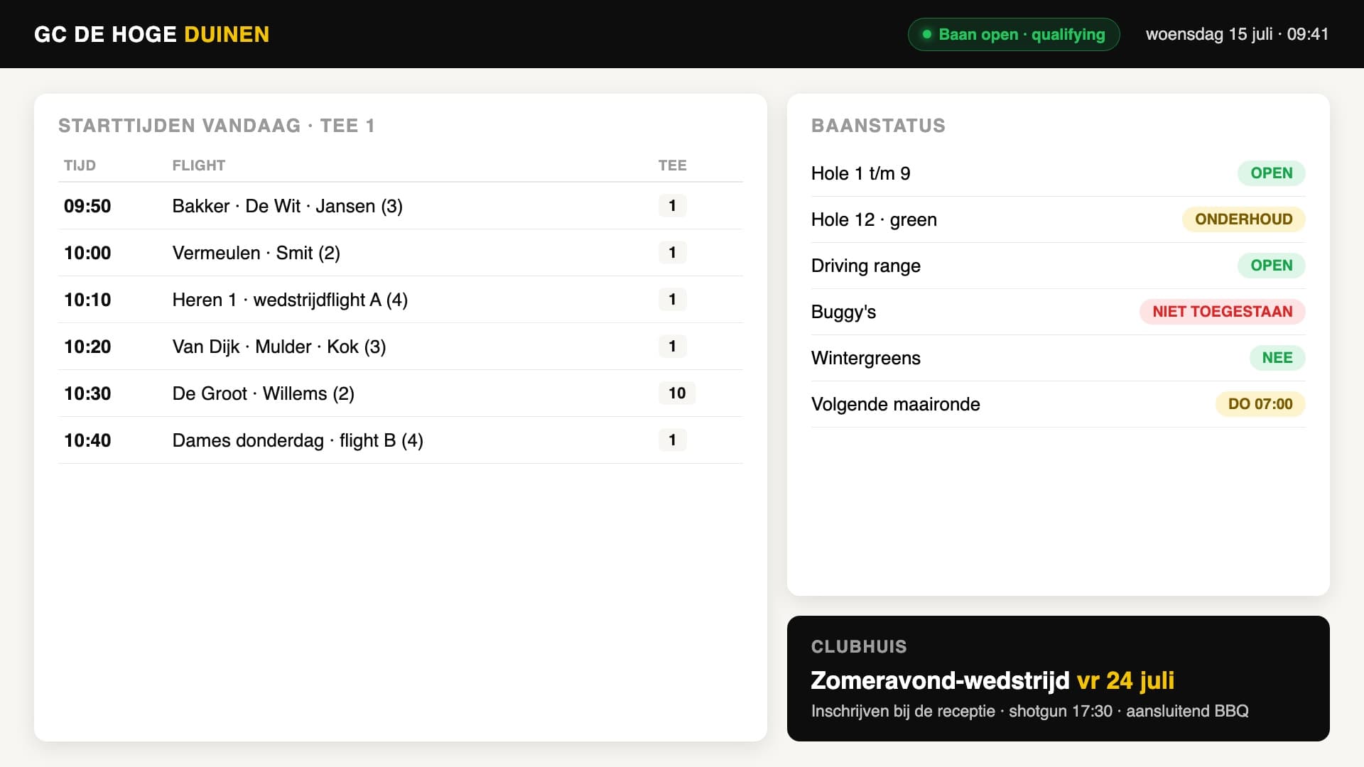 Voorbeeldweergave van een clubhuisscherm: starttijden van vandaag, baanstatus per onderdeel en de eerstvolgende clubwedstrijd