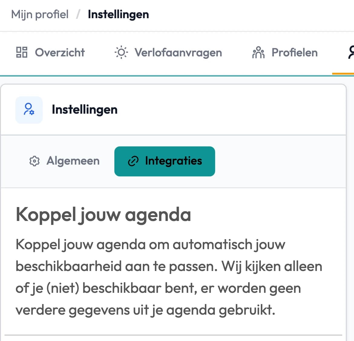 Instellingen van een medewerker in Backemp op een telefoon, tabblad Integraties, met het onderdeel Koppel jouw agenda.
