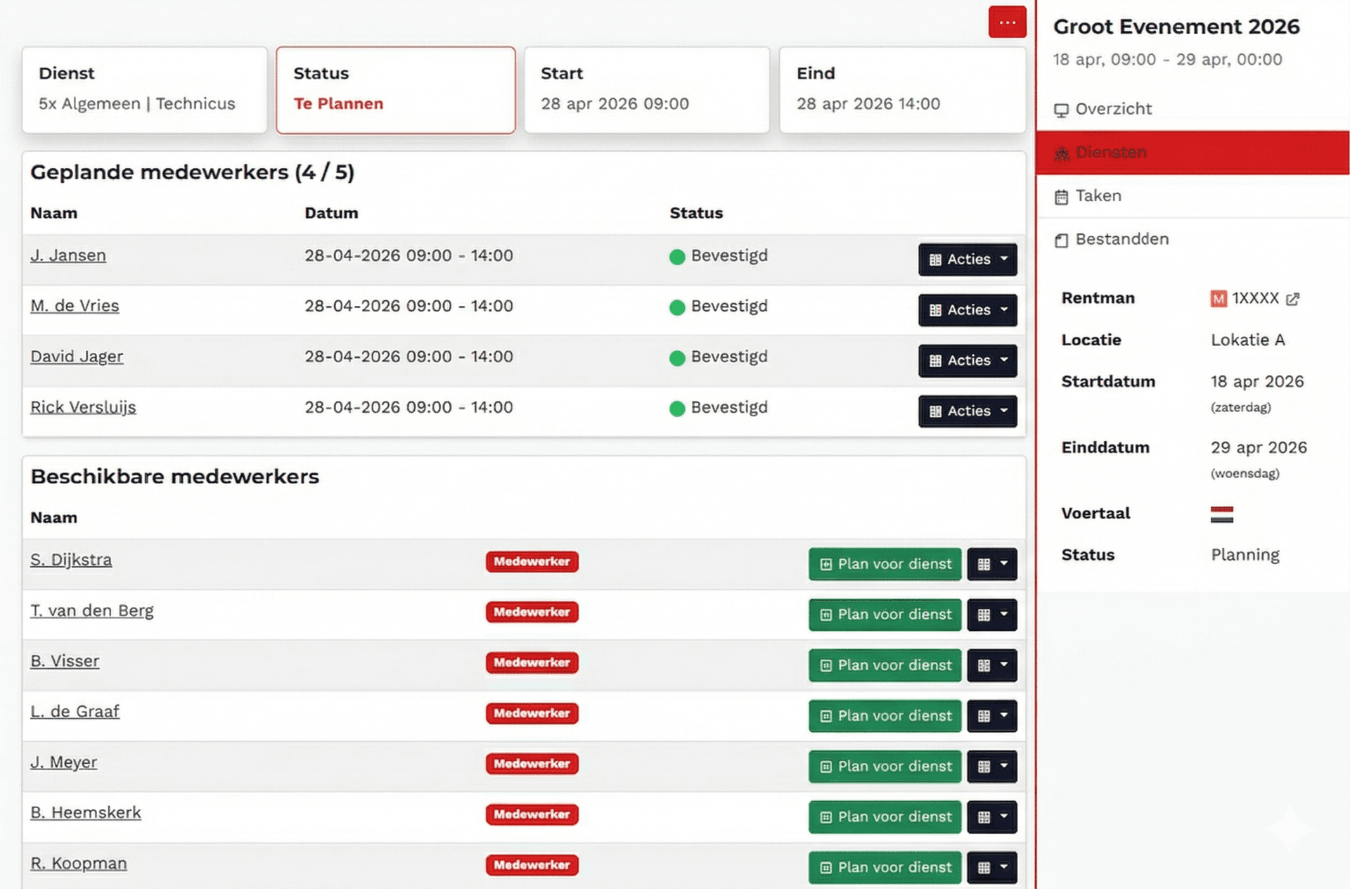 Weekoverzicht personeelsplanning in Backemp — automatisch ingeladen vanuit Rentman