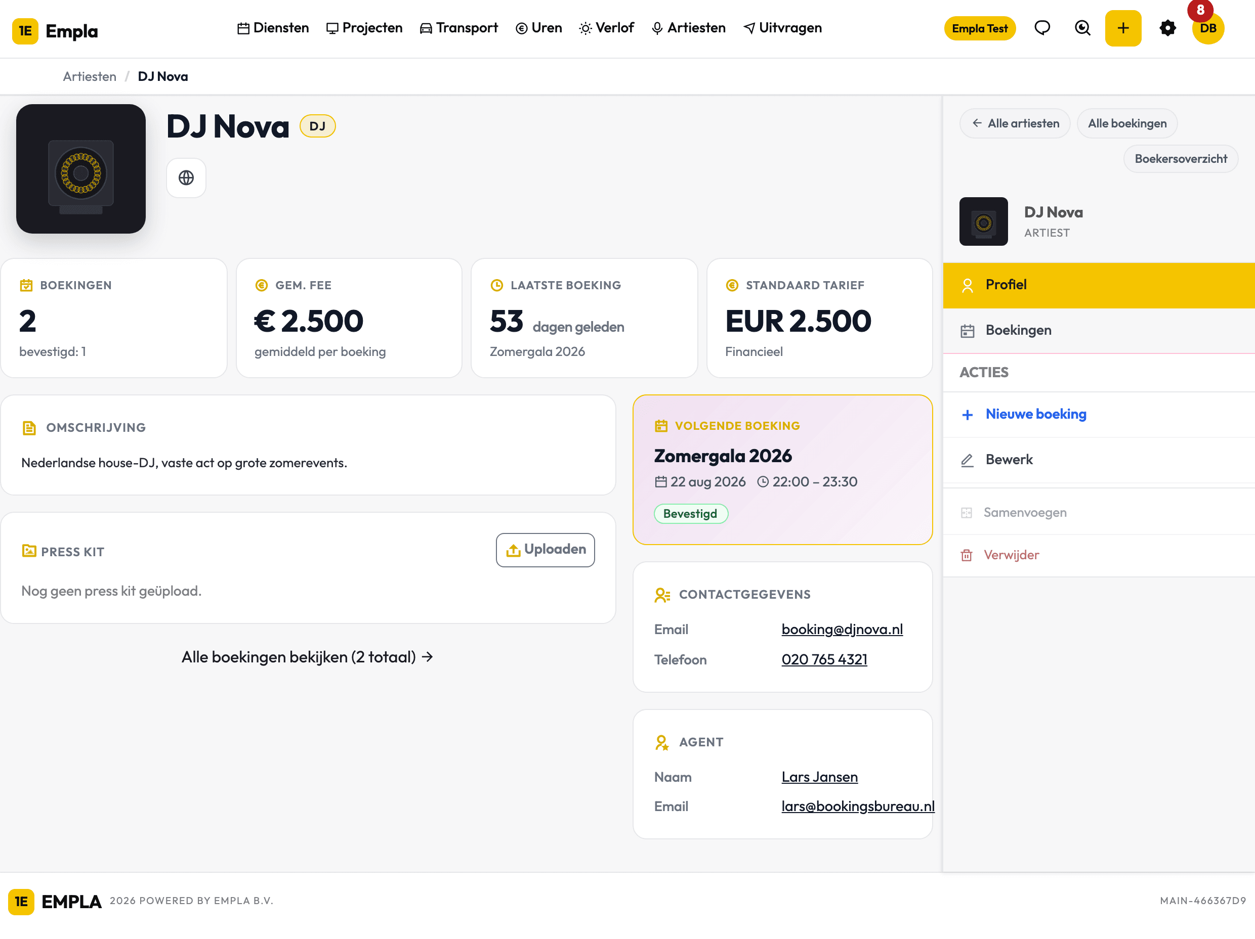 Artiestpagina met kerngegevens, contact, agent, financieel en de sectie Press kit