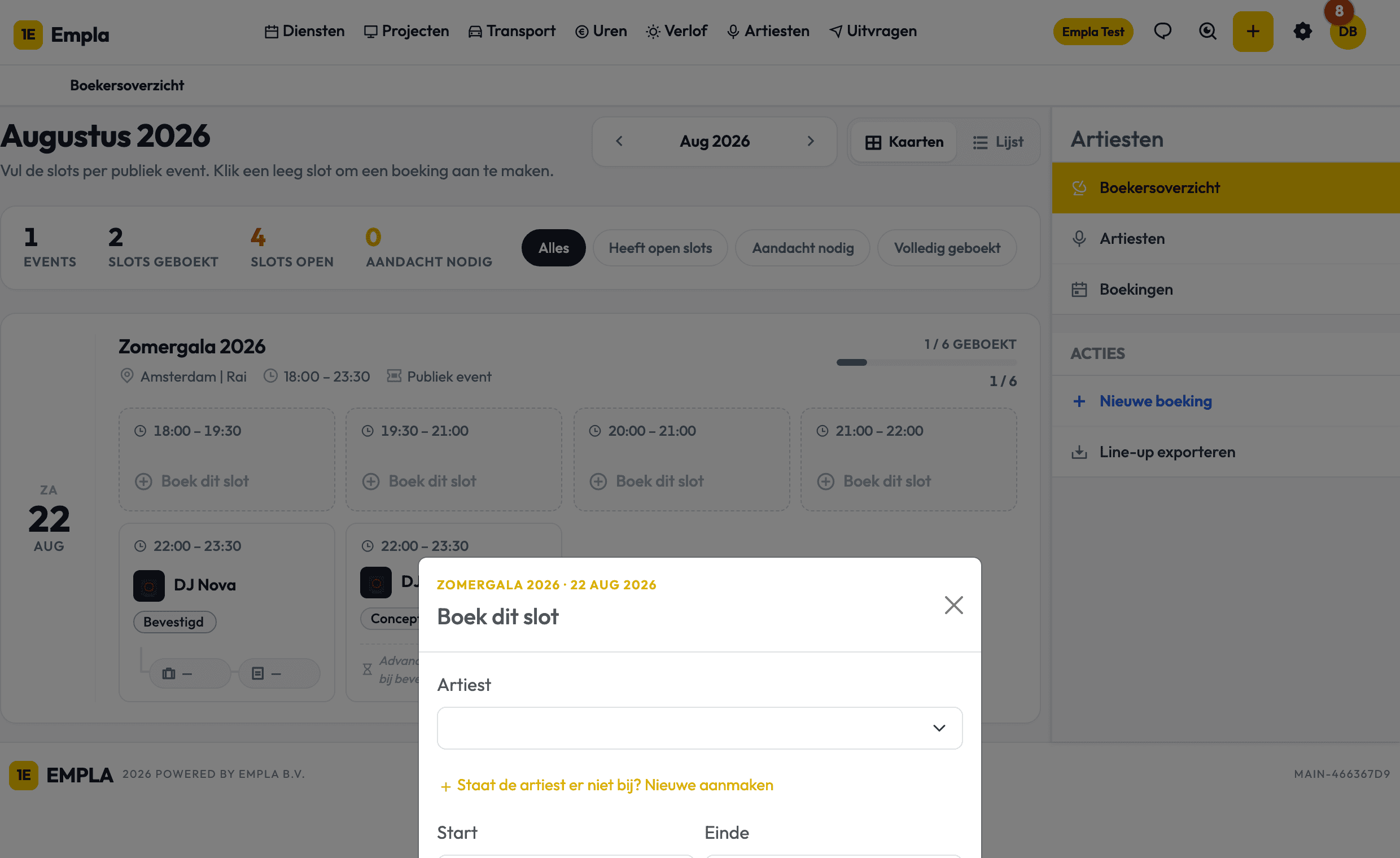 Quick-book-modal: artiest kiezen of nieuwe naam invullen, start- en eindtijd, knop Slot boeken