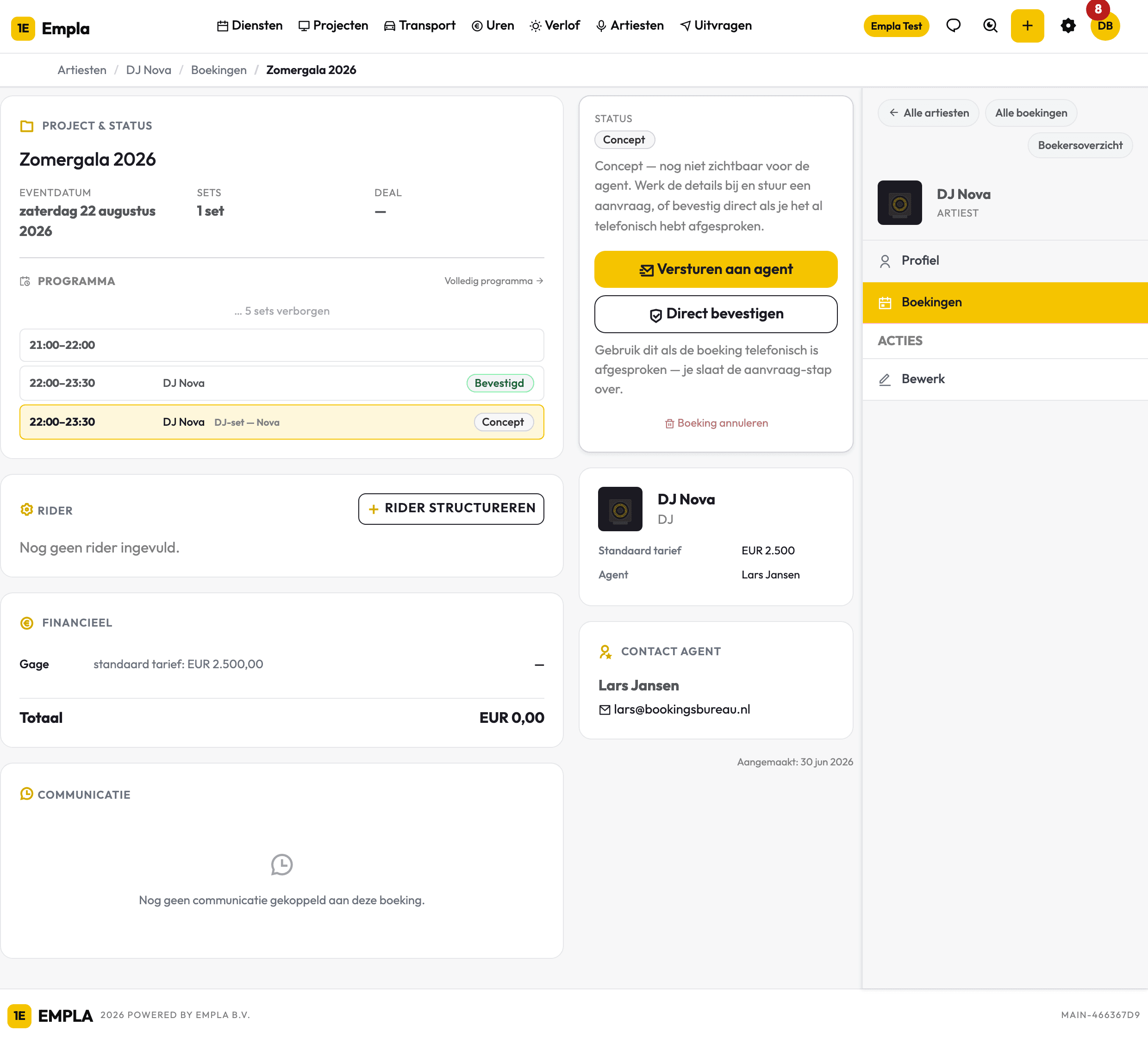 Boekingsdetail met statusbalk Concept, Aangevraagd, Bevestigd en de knoppen Versturen aan agent en Direct bevestigen
