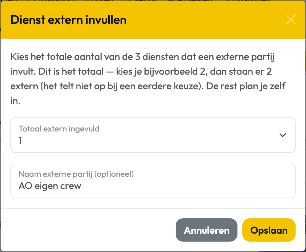 Het venster Dienst extern invullen in Backemp met het keuzeveld Totaal extern ingevuld en het veld Naam externe partij