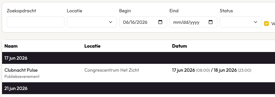 Projecten-overzicht: projectnaam, locatie, datum en status