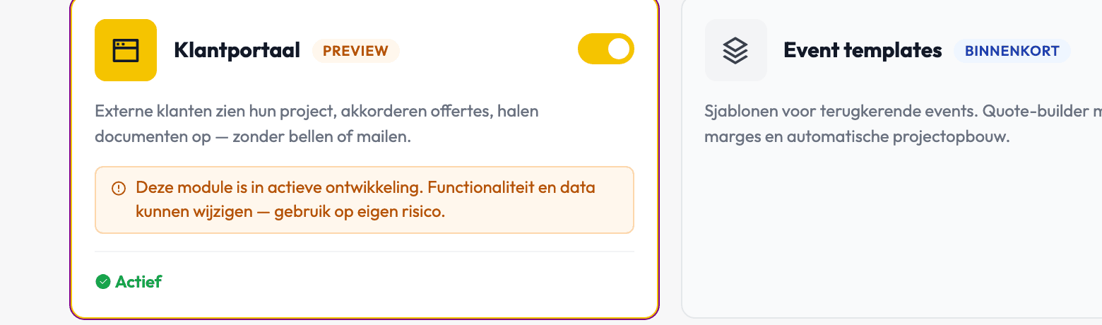 De modulepagina van Backemp met de kaart Klantportaal, het label Preview, de schakelaar aan en de status Actief