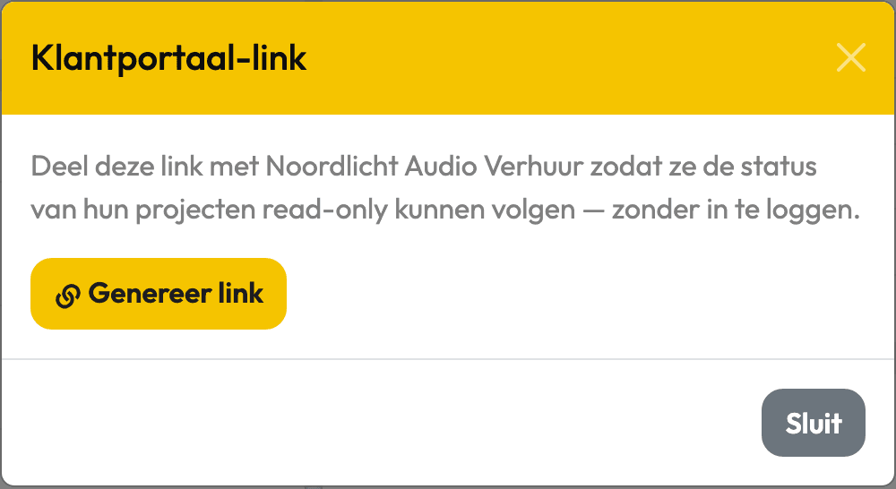 Het venster Klantportaal-link in Backemp met de uitleg over read-only meekijken en de knop Genereer link