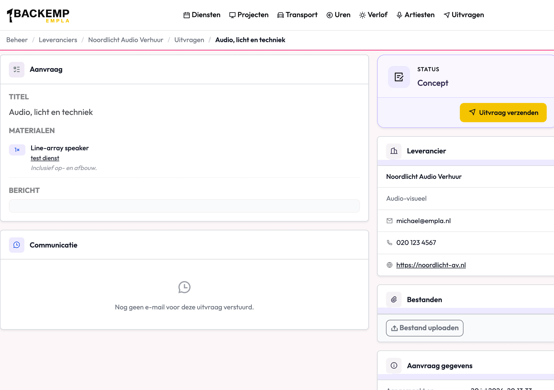 Automatisch aangemaakte concept-uitvraag na een SEM-verkoop, met project, datum en gevraagde items
