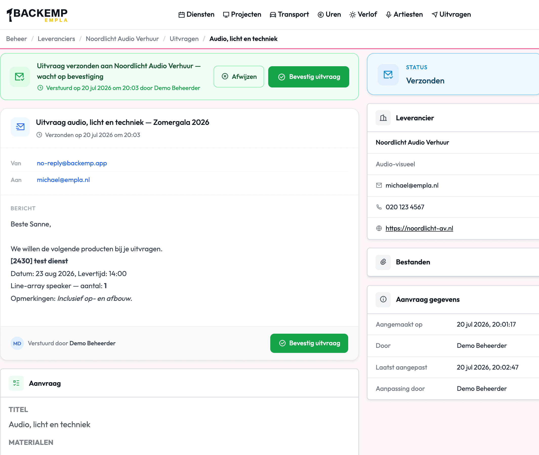 Communicatielog van een uitvraag met de tijdlijn van berichten tussen planner en leverancier
