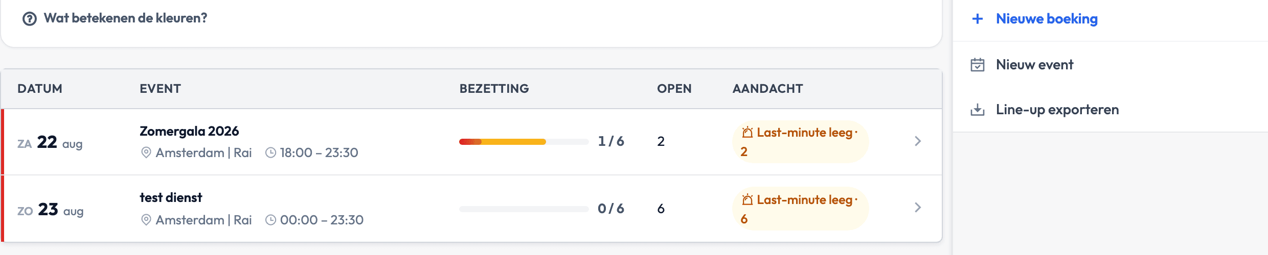 De lijstweergave van het maandoverzicht in Backemp met per event de datum, de bezetting, het aantal open slots en de aandachtsmelding