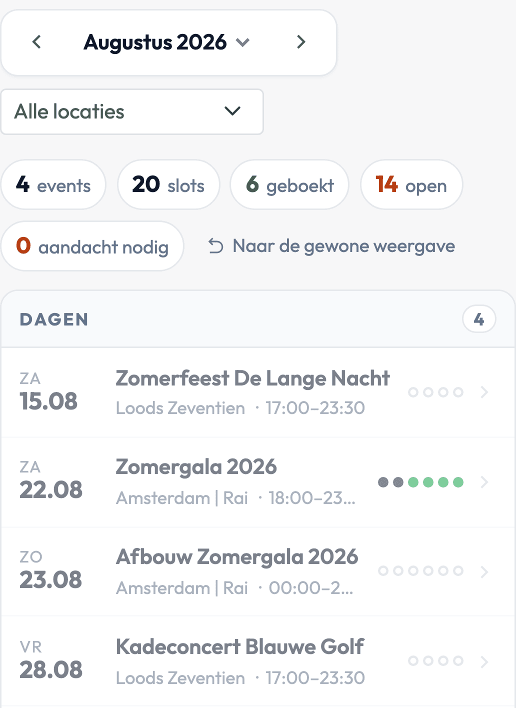 Het boekersoverzicht van Backemp op een telefoon, met per dag het event, de locatie, de tijd en de bezetting van de slots.