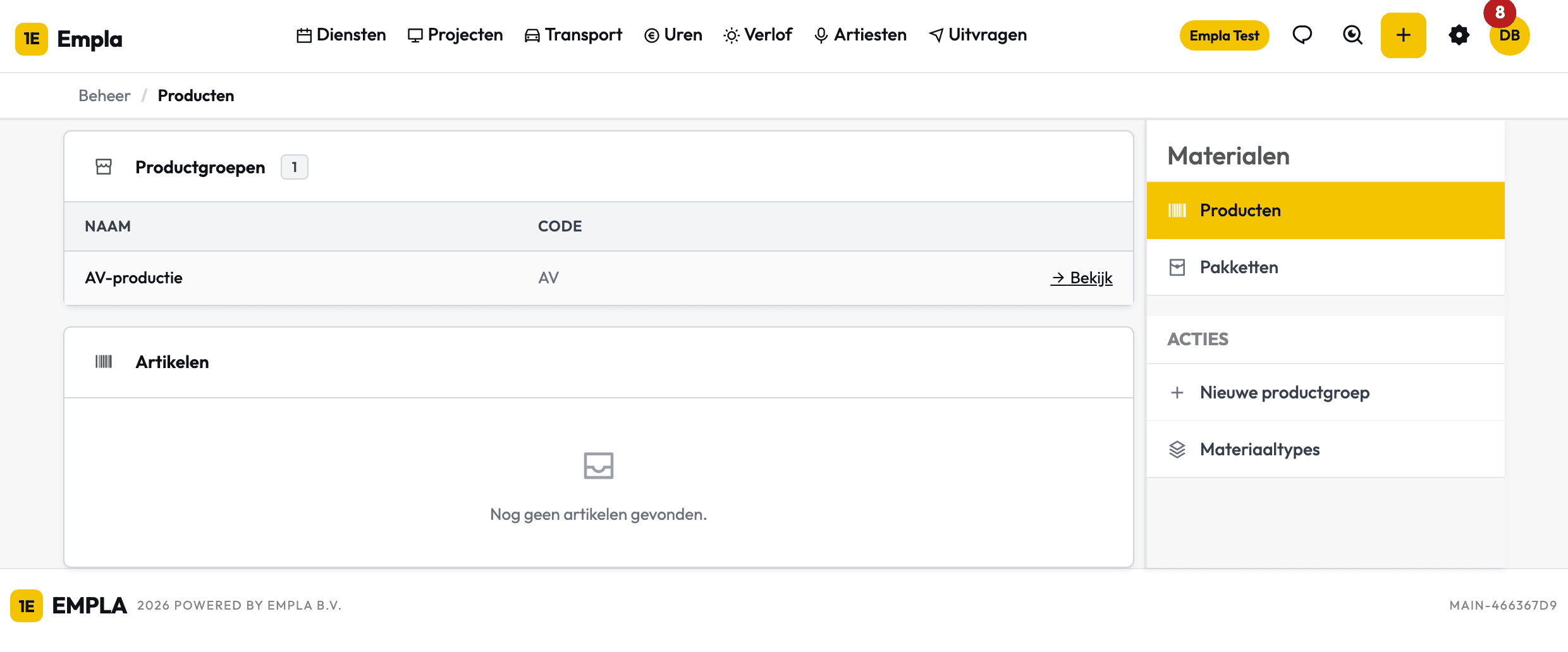 Productenoverzicht onder Beheer met de knop Nieuwe productgroep in de zijbalk