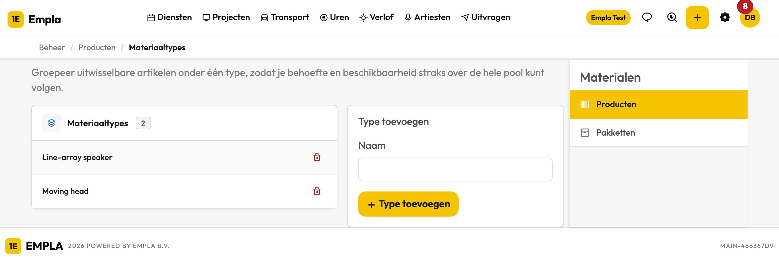 Pagina Materiaaltypes met de lijst van types en het formulier Type toevoegen