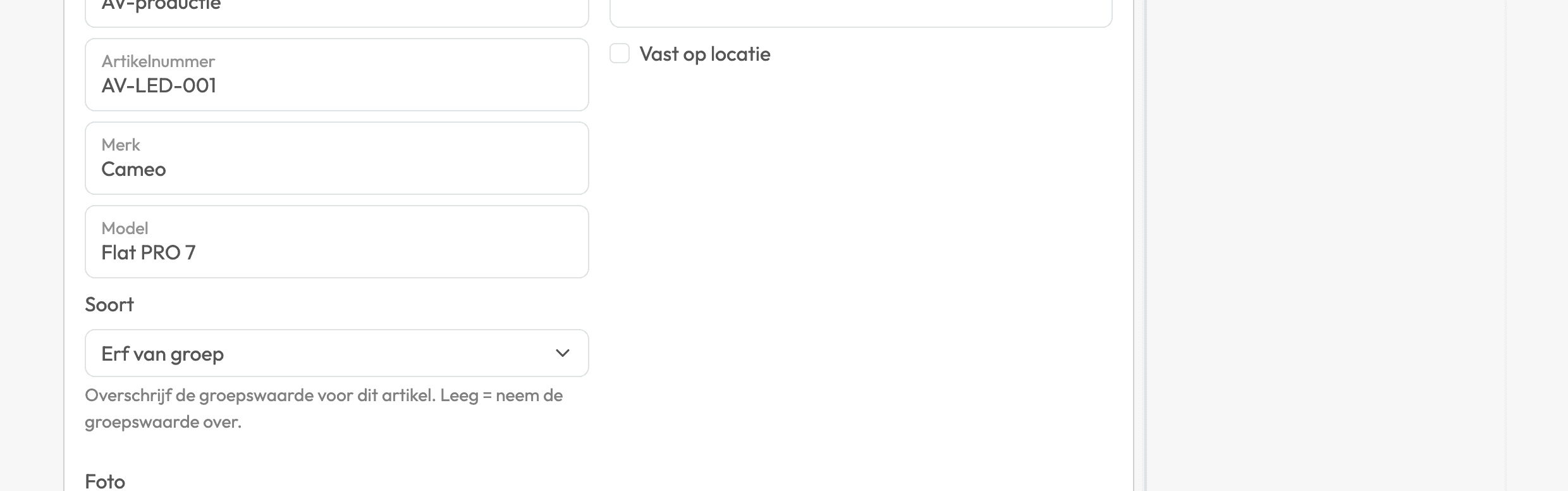 Het bewerkscherm van het artikel LED PAR 64 in Backemp, met het veld Soort op Erf van groep en de uitleg dat je hiermee de groepswaarde voor dit ene artikel overschrijft