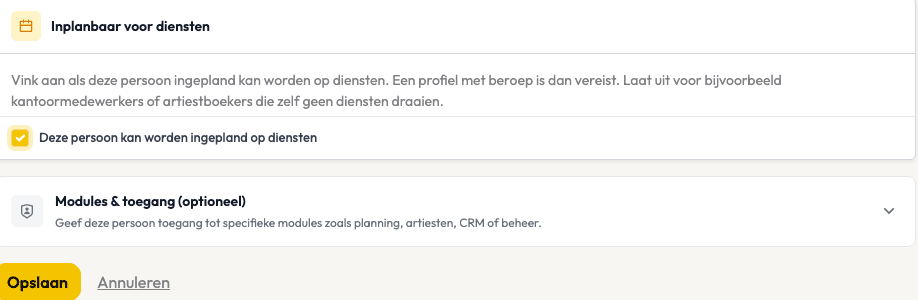 Inplanbaar aanvinken en het teamlid opslaan