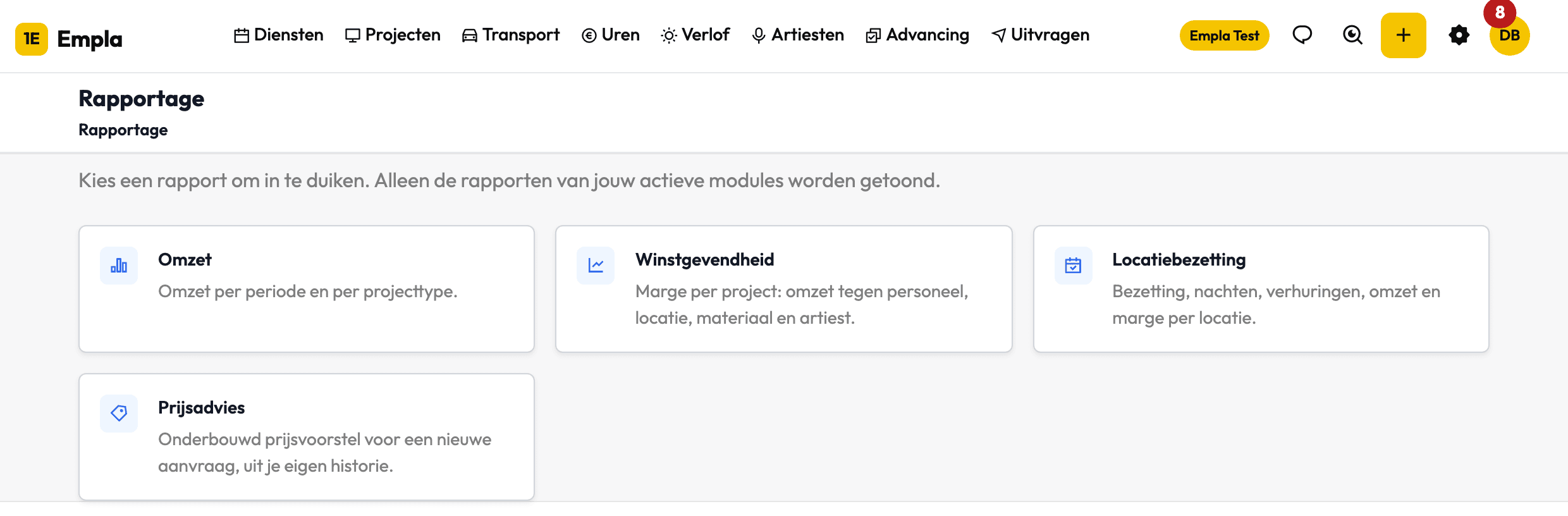 Het rapportage-overzicht in Backemp met tegels voor Omzet, Winstgevendheid, Locatiebezetting en Prijsadvies. Deze organisatie heeft de facturatie-module niet, dus Facturatie en Projecten ontbreken.