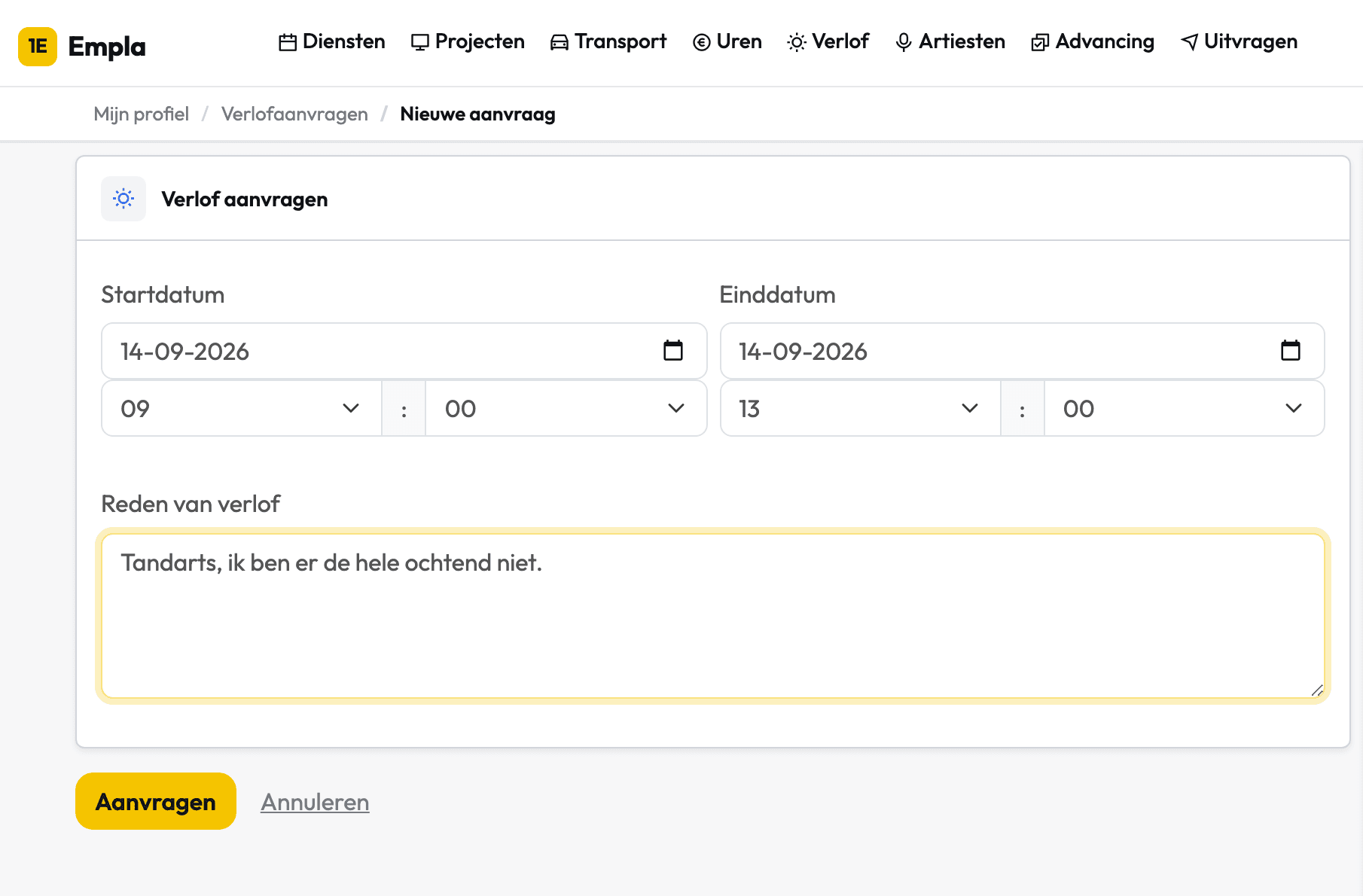 Het ingevulde aanvraagformulier op de eigen profielpagina, met een begin- en einddatum, tijden en de reden
