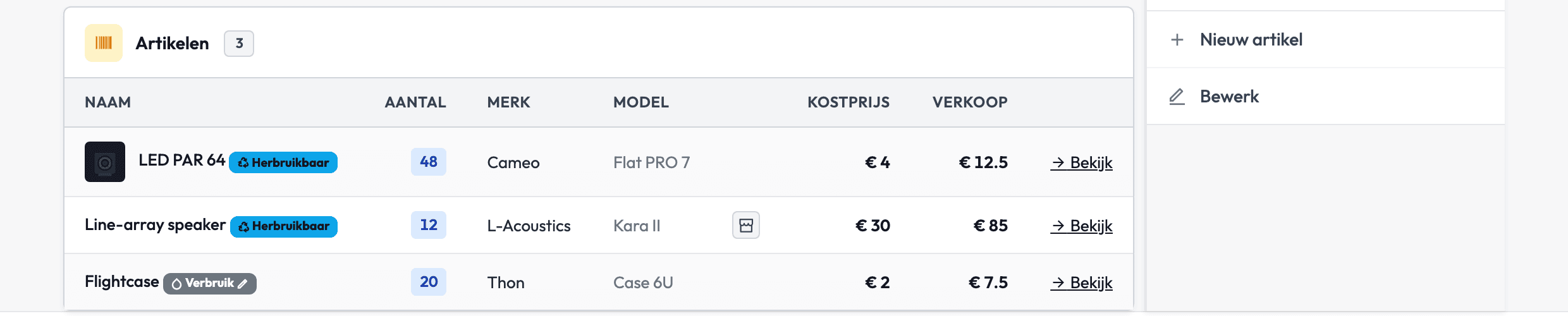 De artikelenlijst van een productgroep in Backemp met per artikel het aantal, het merk, het model en de kostprijs en verkoopprijs