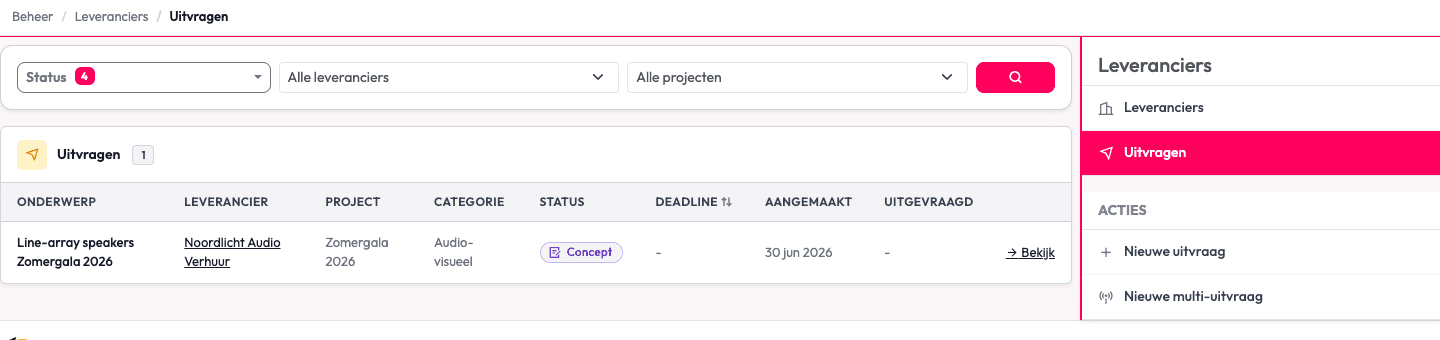 Overzicht van open leveranciersuitvragen met status en projectfilter