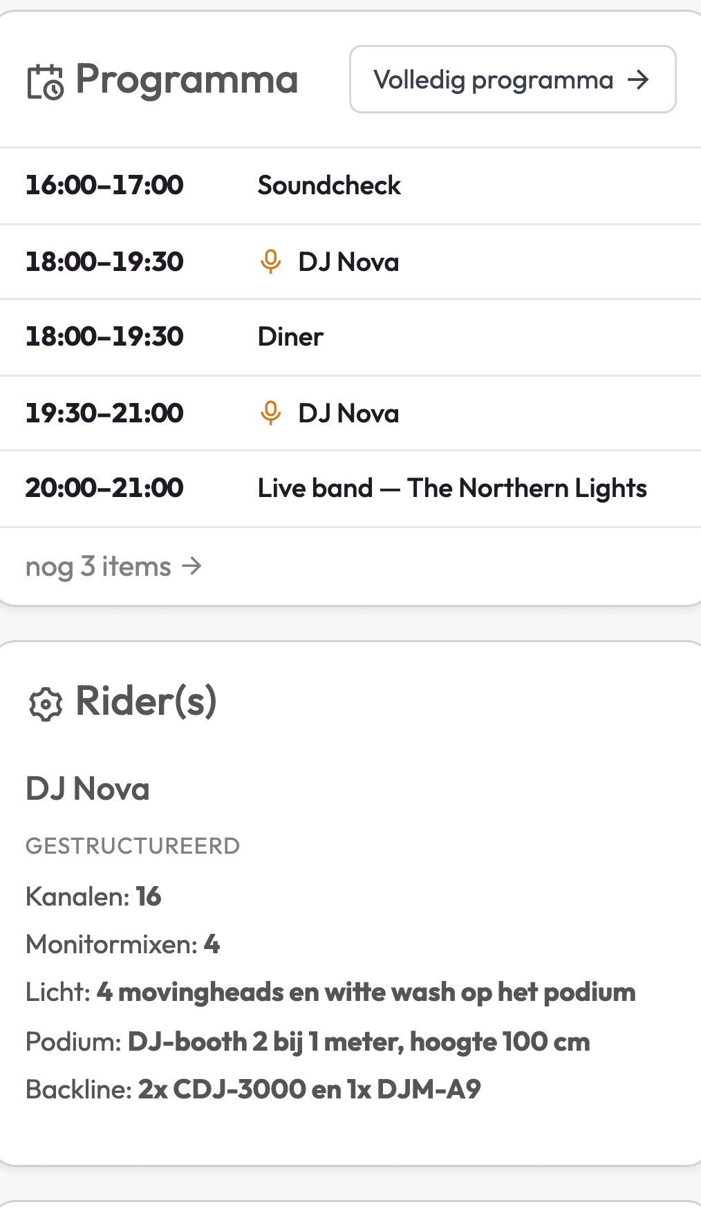 Projectpagina in Backemp met het programma en daaronder de rider van de artiest: kanalen, monitormixen, licht, podium en backline