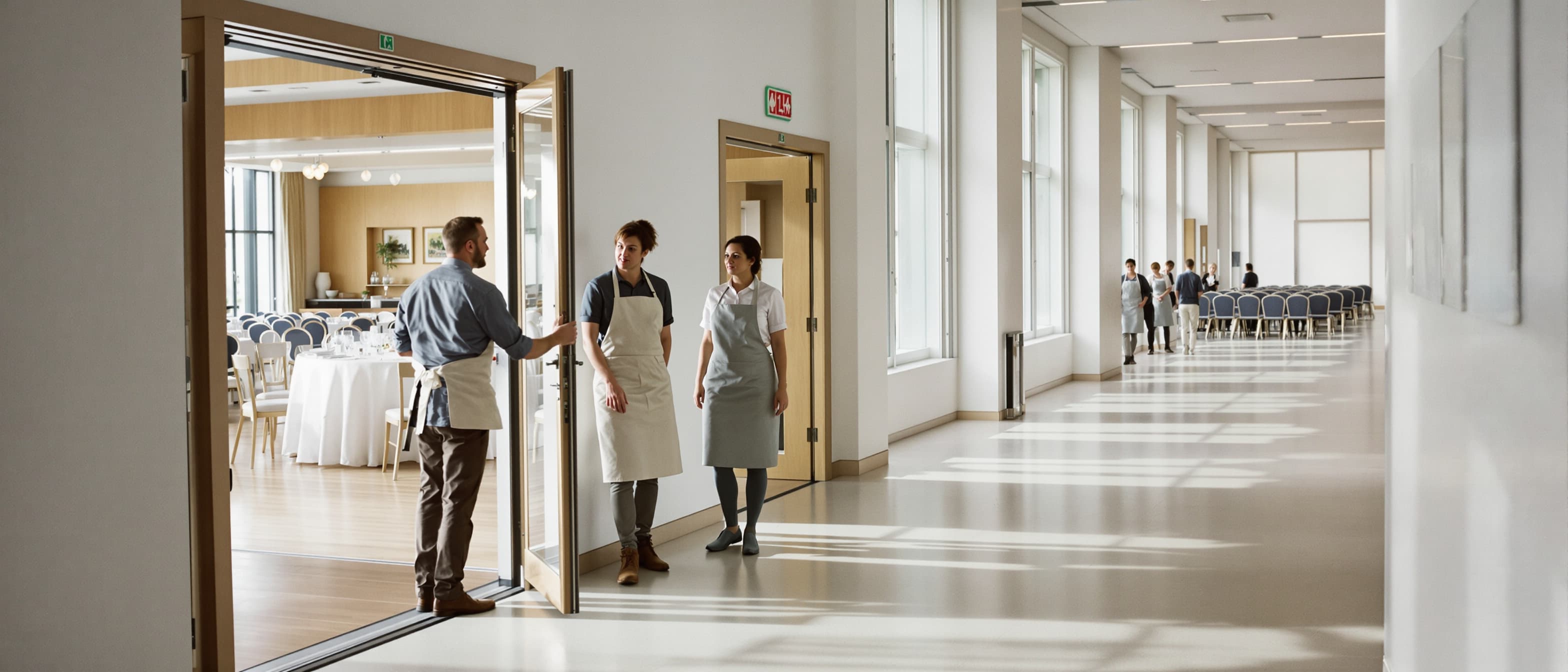 Bedrijfsleider van een eventlocatie overlegt met twee medewerkers in een lichte gang, links een zaal met gedekte ronde tafels en verderop een zaal met rijen stoelen