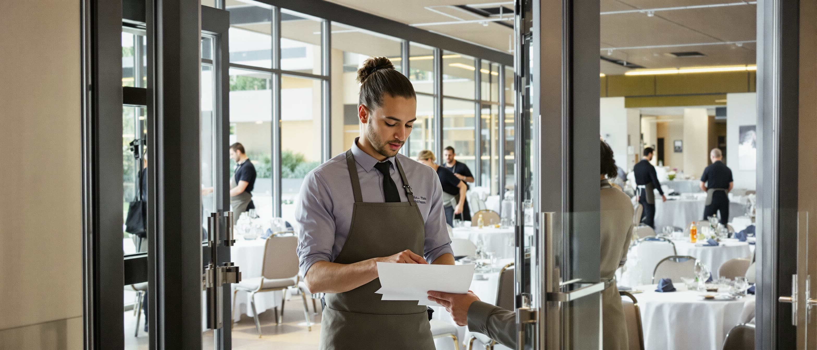 Twee collega's in horeca-werkkleding geven bij de ingang van een lichte eventzaal met gedekte tafels een dienstenlijst aan elkaar door