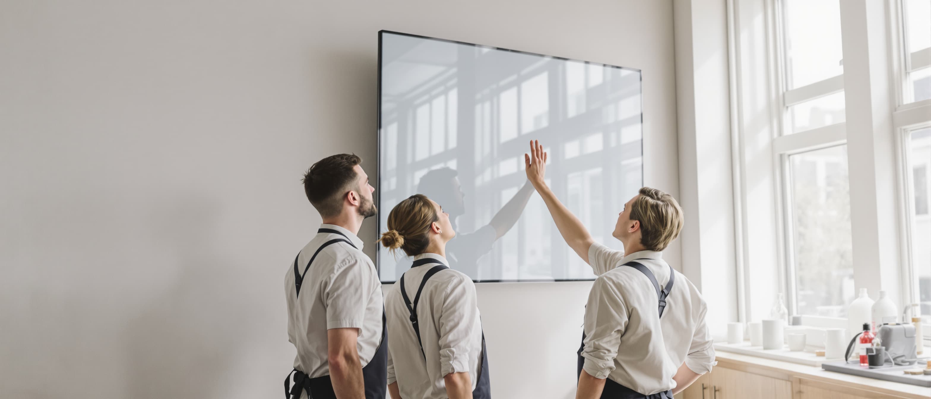 Drie medewerkers van een eventlocatie kijken samen omhoog naar een groot scherm aan de wand waarin het daglicht weerkaatst