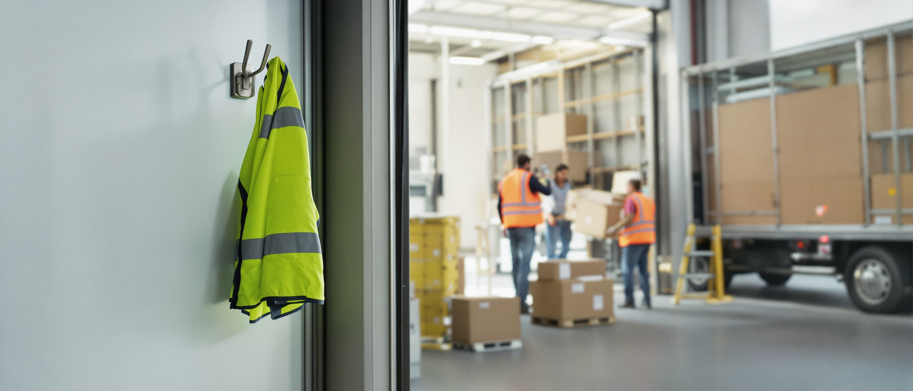 Ongebruikte werkhandschoenen en een onaangeraakt hesje hangen aan een haak bij de laaddeur, terwijl de crew op de achtergrond de vrachtwagen laadt