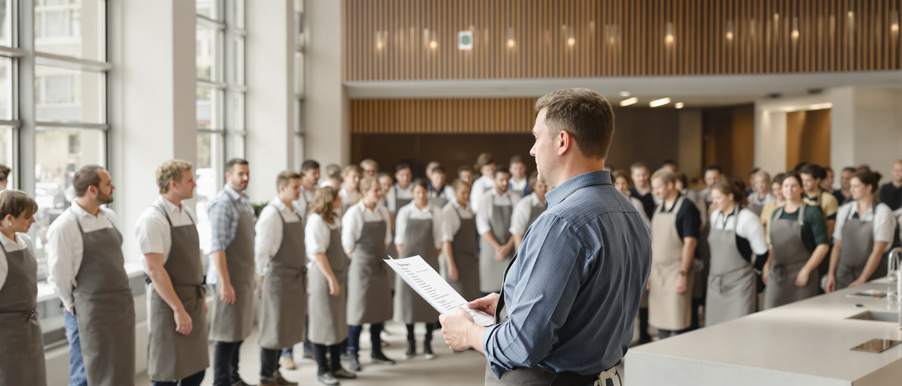Floormanager van een eventlocatie geeft in de lichte foyer instructies aan een grote groep horecamedewerkers in schort, met een uitgeprint rooster in de hand